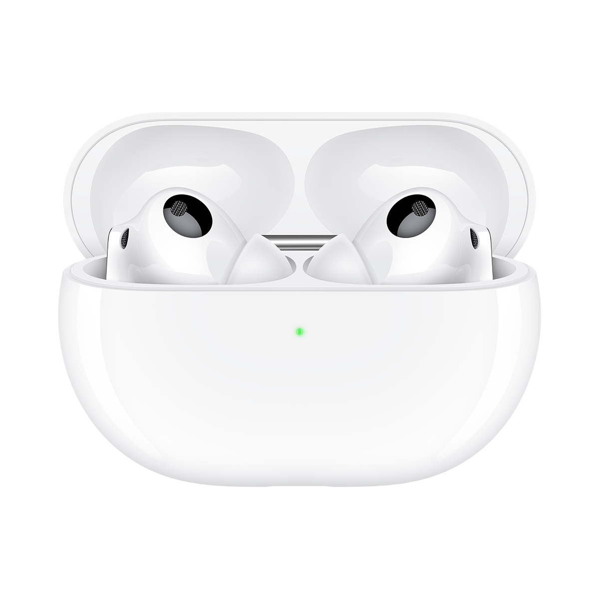 Białe słuchawki bezprzewodowe w otwartym etui ładującym.