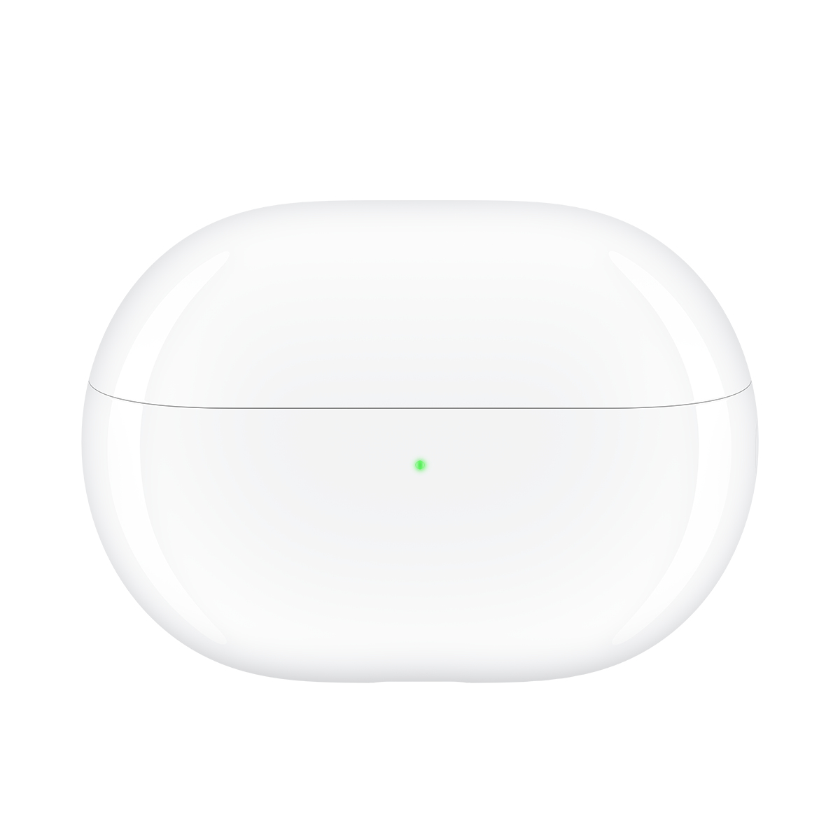 Białe, owalne etui ładujące do słuchawek. Małe zielone światło jest widoczne na etui.