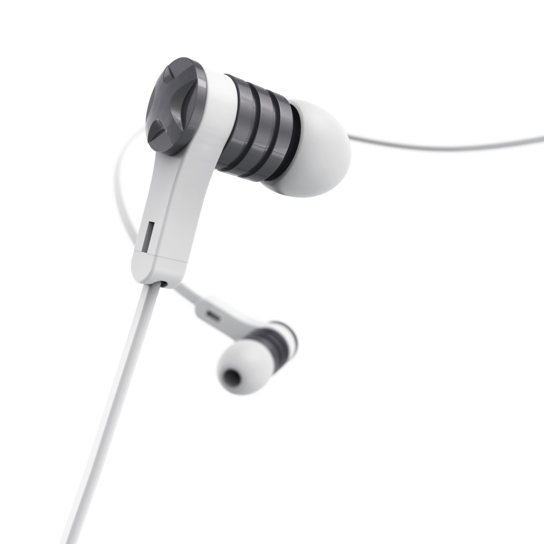 Biało-czarne słuchawki z białym kablem. Białe tło.