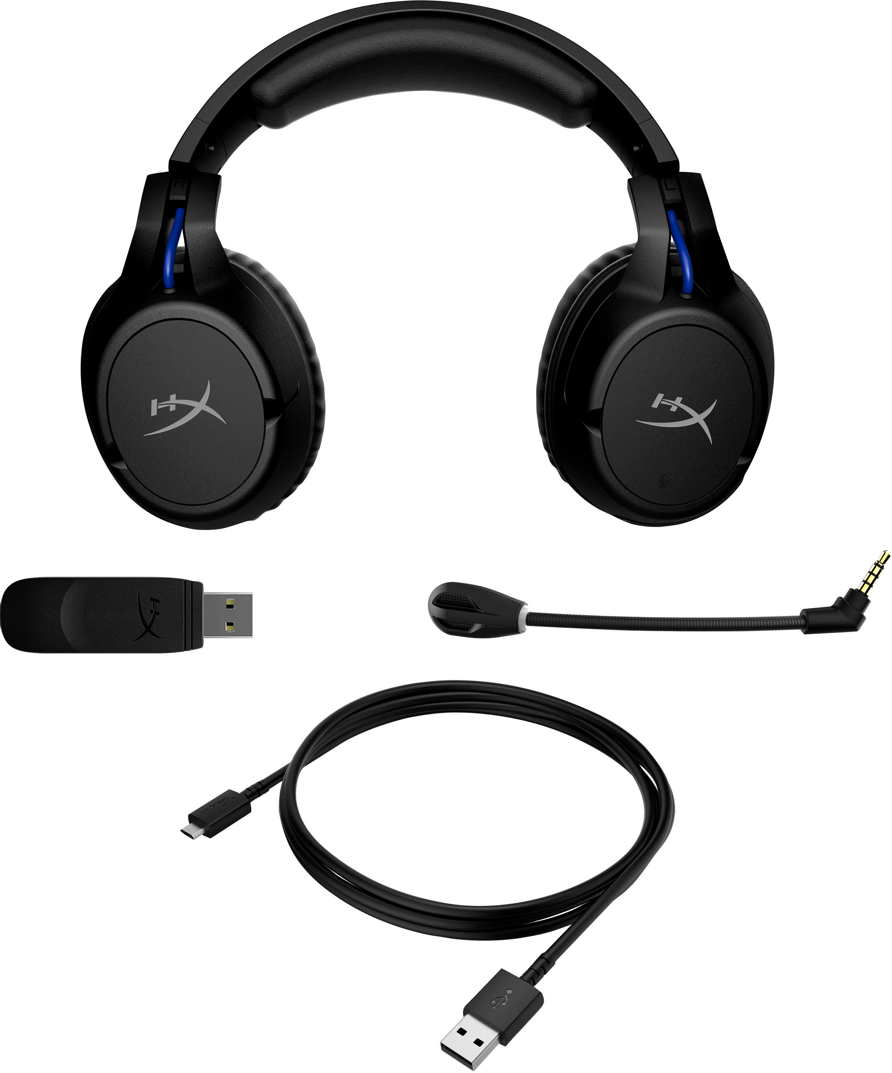Schwarze kabellose Kopfhörer mit abnehmbarem Mikrofon, USB-Empfänger, USB-Kabel und 3,5-mm-Anschluss.