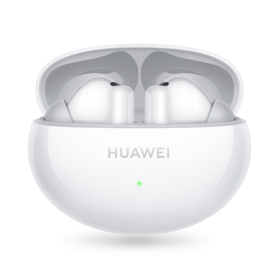 Witte Huawei oordopjes in een open oplaadcase, witte achtergrond.