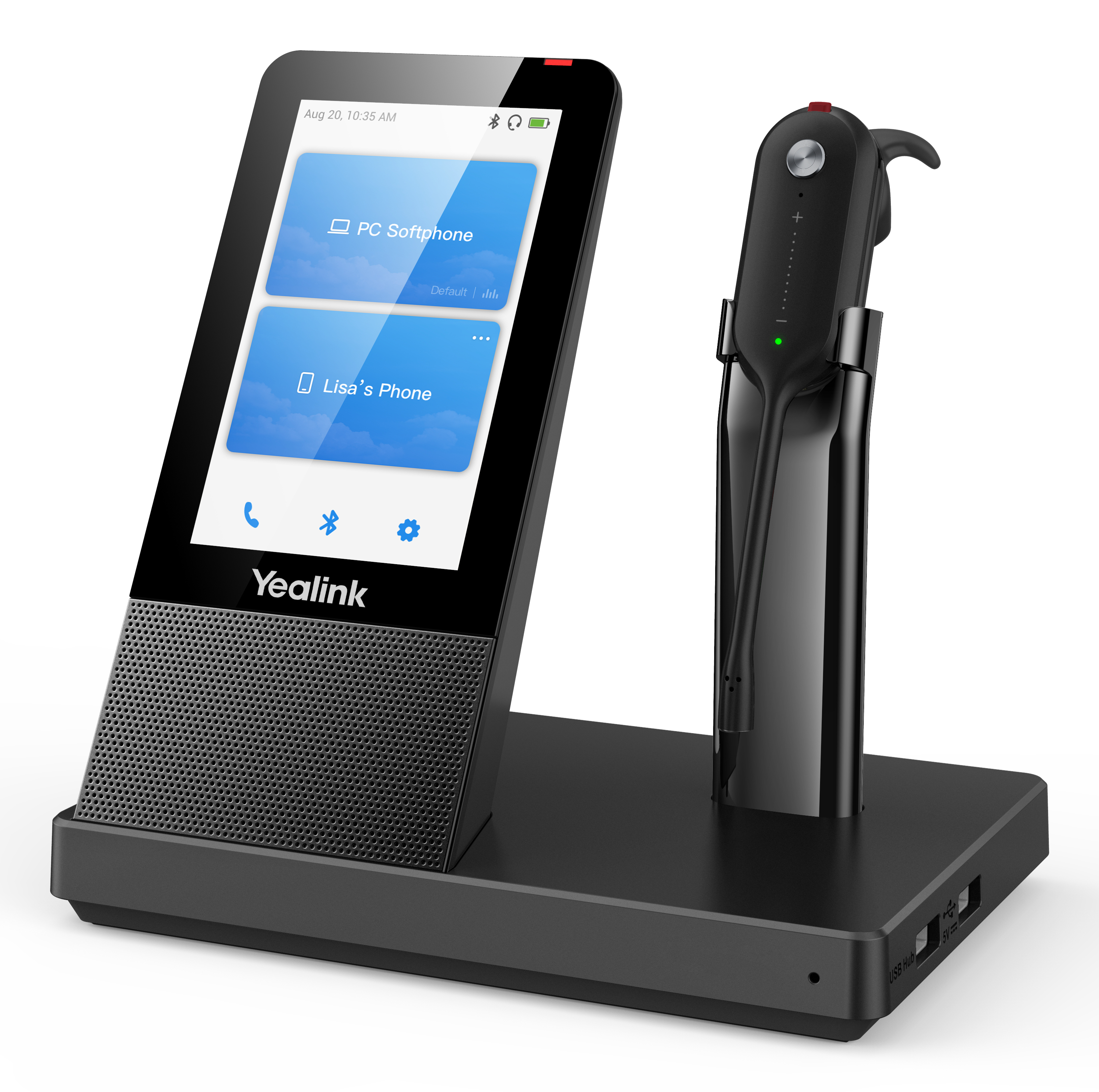 Un teléfono de escritorio negro con pantalla, auriculares y base de carga.