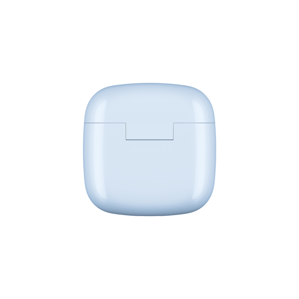 Jasnoniebieskie etui ładujące do słuchawek dousznych, zamknięte i na białym tle.