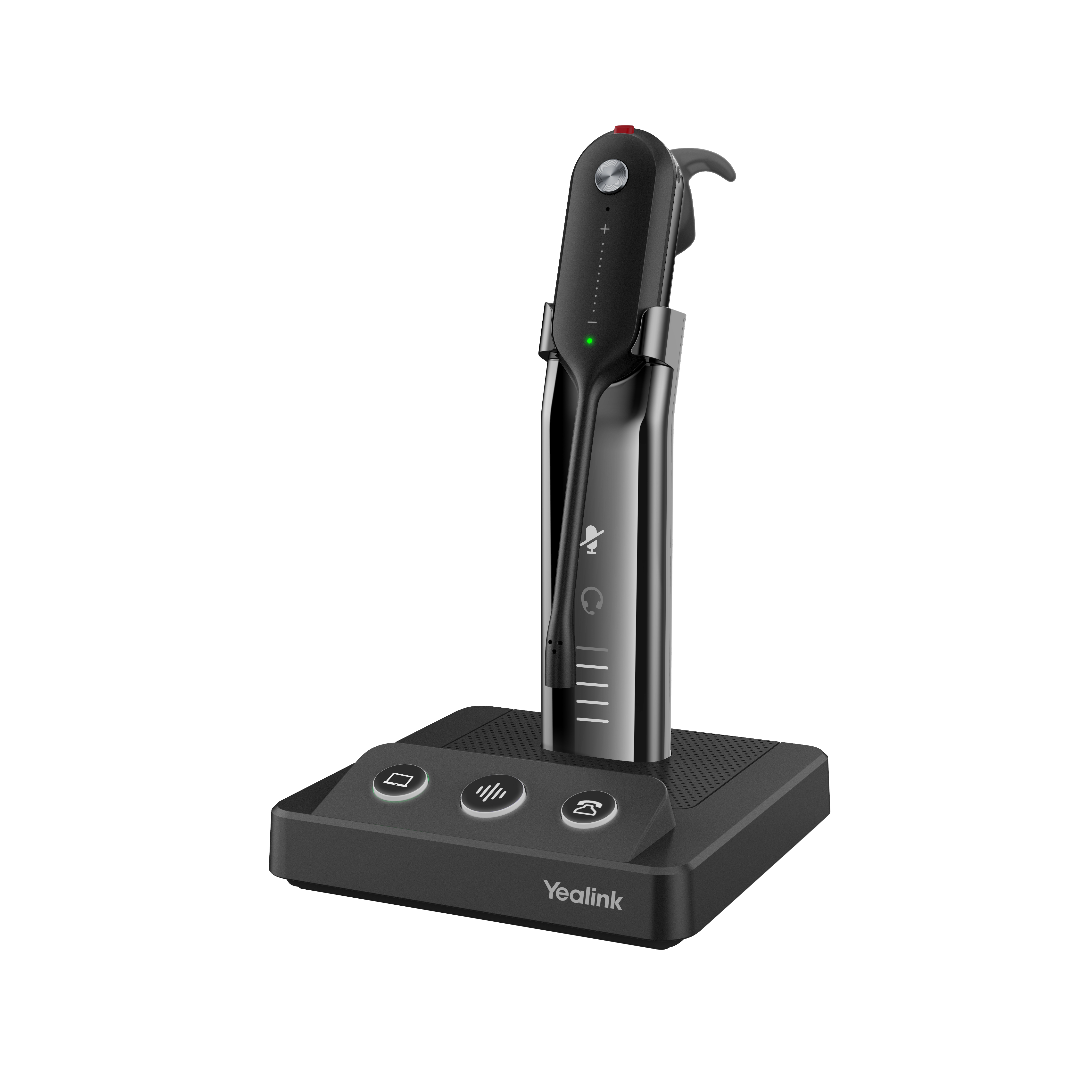 Zwarte headset met basis. De headset heeft een microfoon en knoppen. Yealink-logo op de basis.