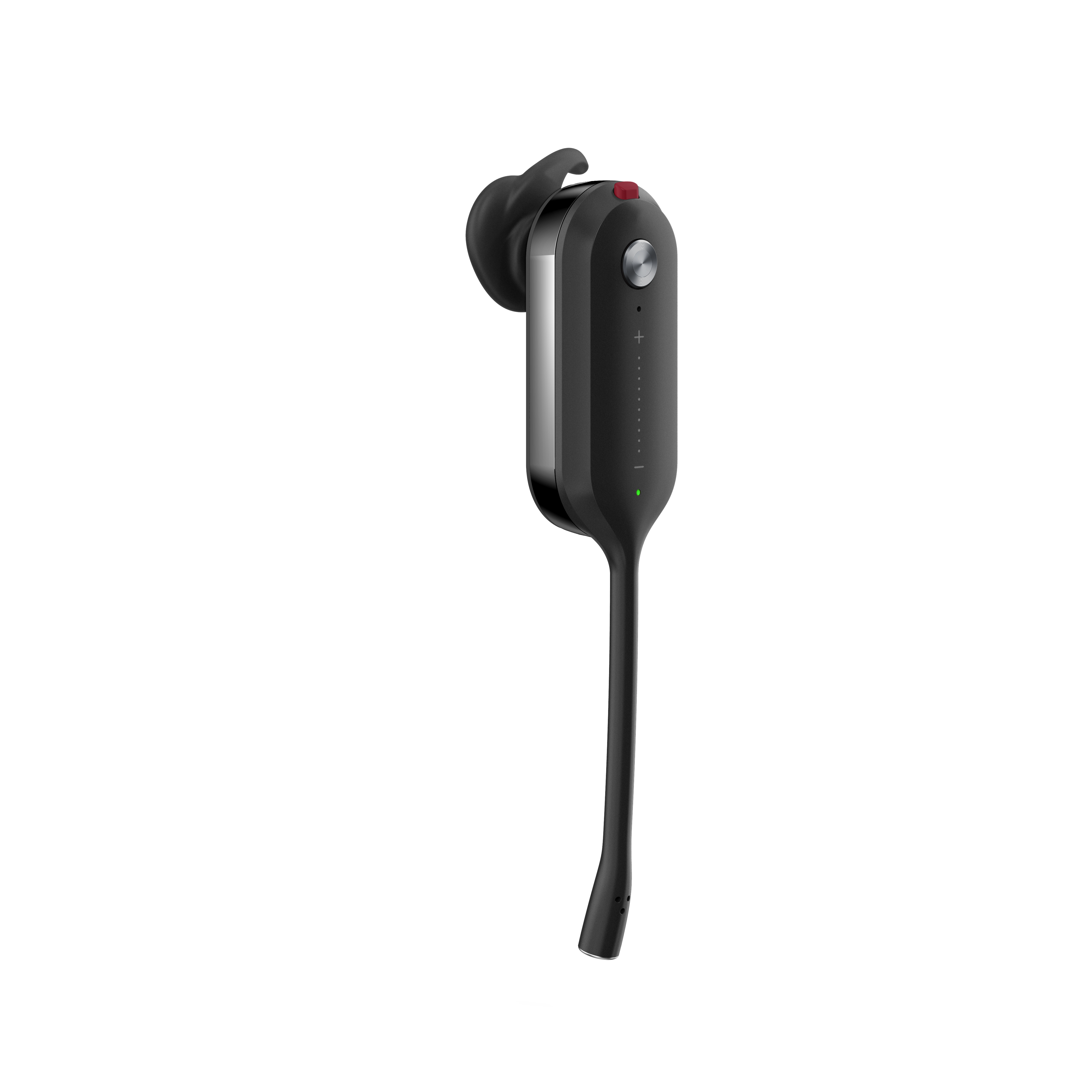 Zwarte Bluetooth-headset met microfoon. Het staat op een witte achtergrond.