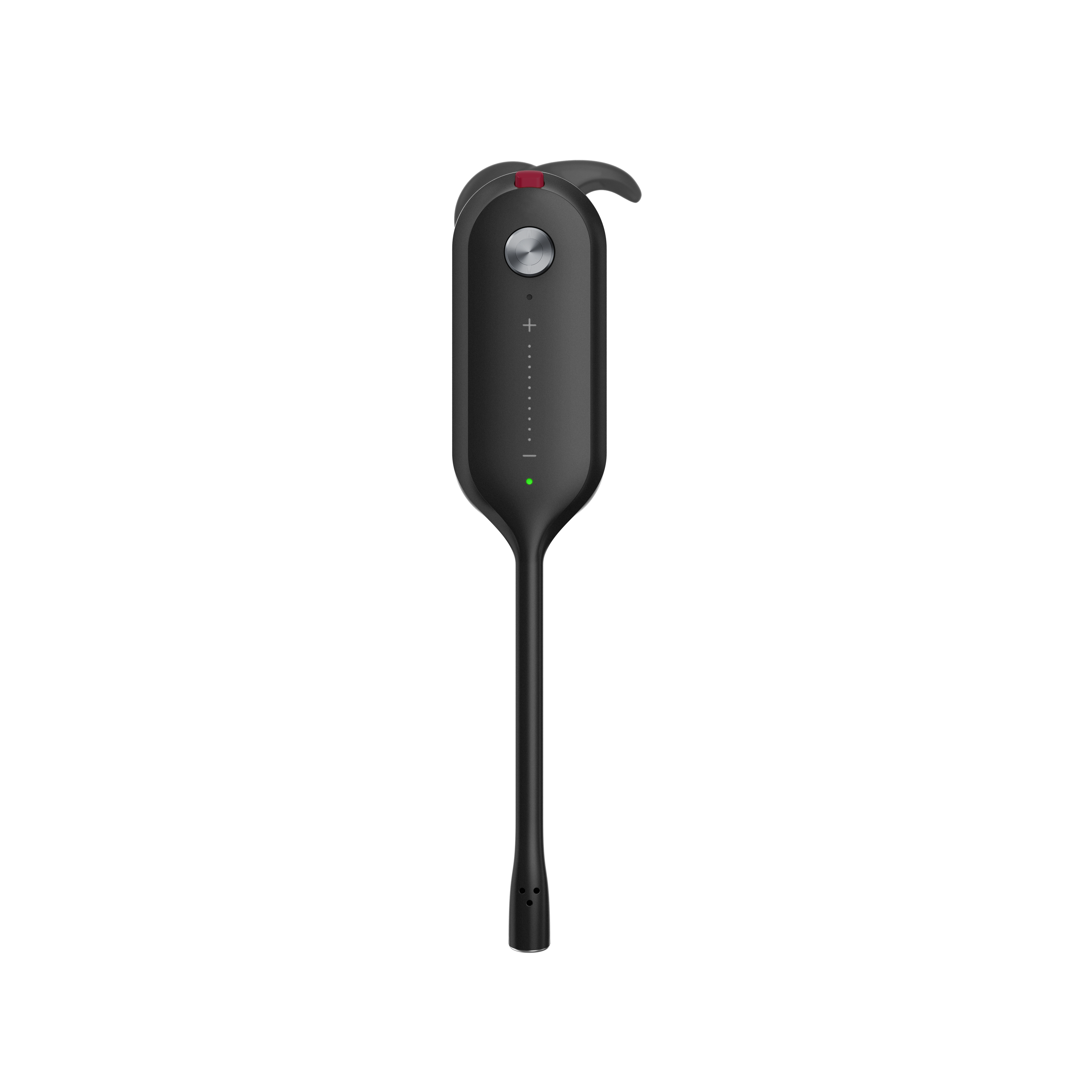 Zwarte Bluetooth-headset met een lange steel en een rode knop.