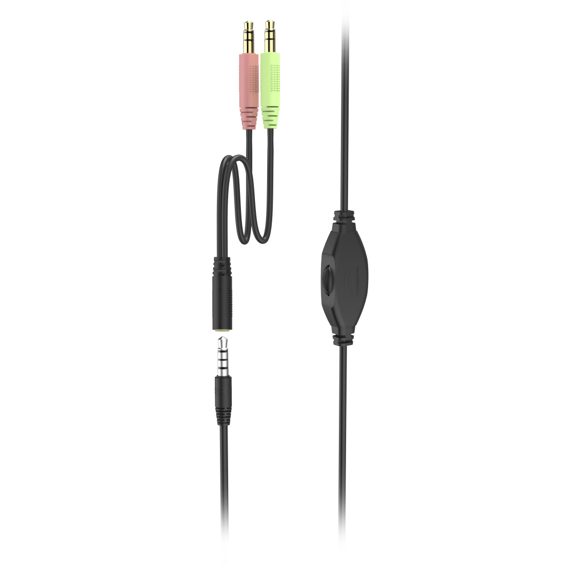 Audiokabel mit grünen und rosa Buchsen, schwarzer Lautstärkeregler. Weißer Hintergrund.