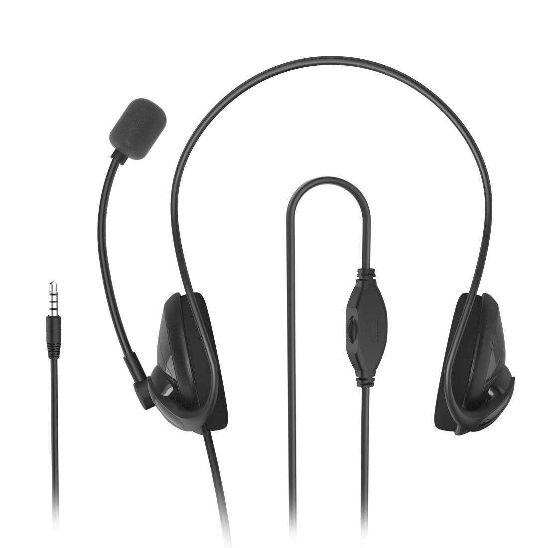 Schwarzes Headset mit Mikrofon und Lautstärkeregler auf weißem Hintergrund.