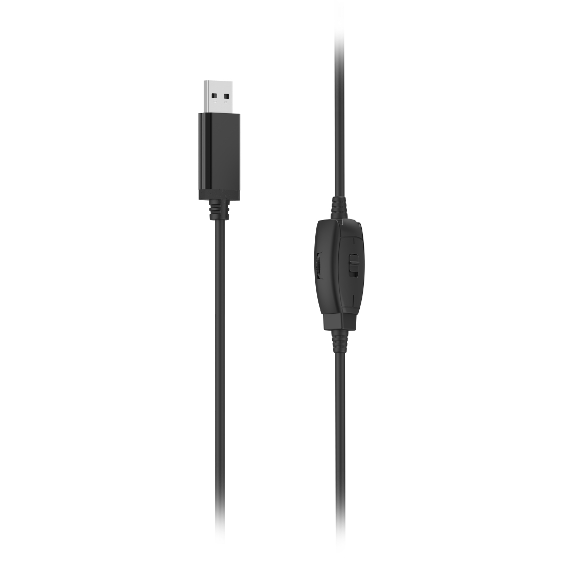 Cavo USB nero con modulo di controllo in linea e connettore USB-A.