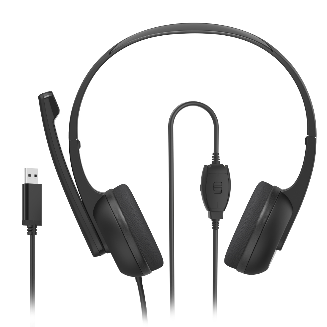 Cuffie nere con cavo USB e microfono. È su sfondo bianco.