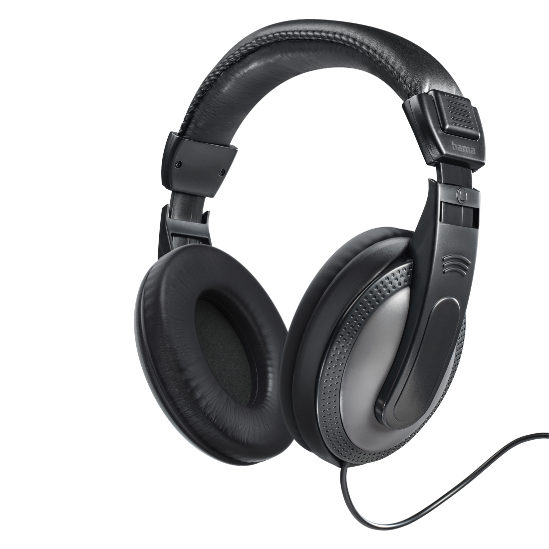 Schwarze Over-Ear-Kopfhörer mit Leder-Ohrpolstern. Die Kopfhörer befinden sich auf weißem Hintergrund.