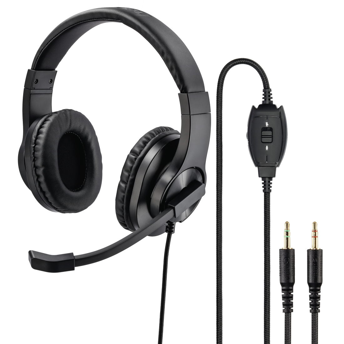 Schwarzes Headset mit Mikrofon. Es hat ein Kabel mit zwei Buchsen und einer Lautstärkeregelung.