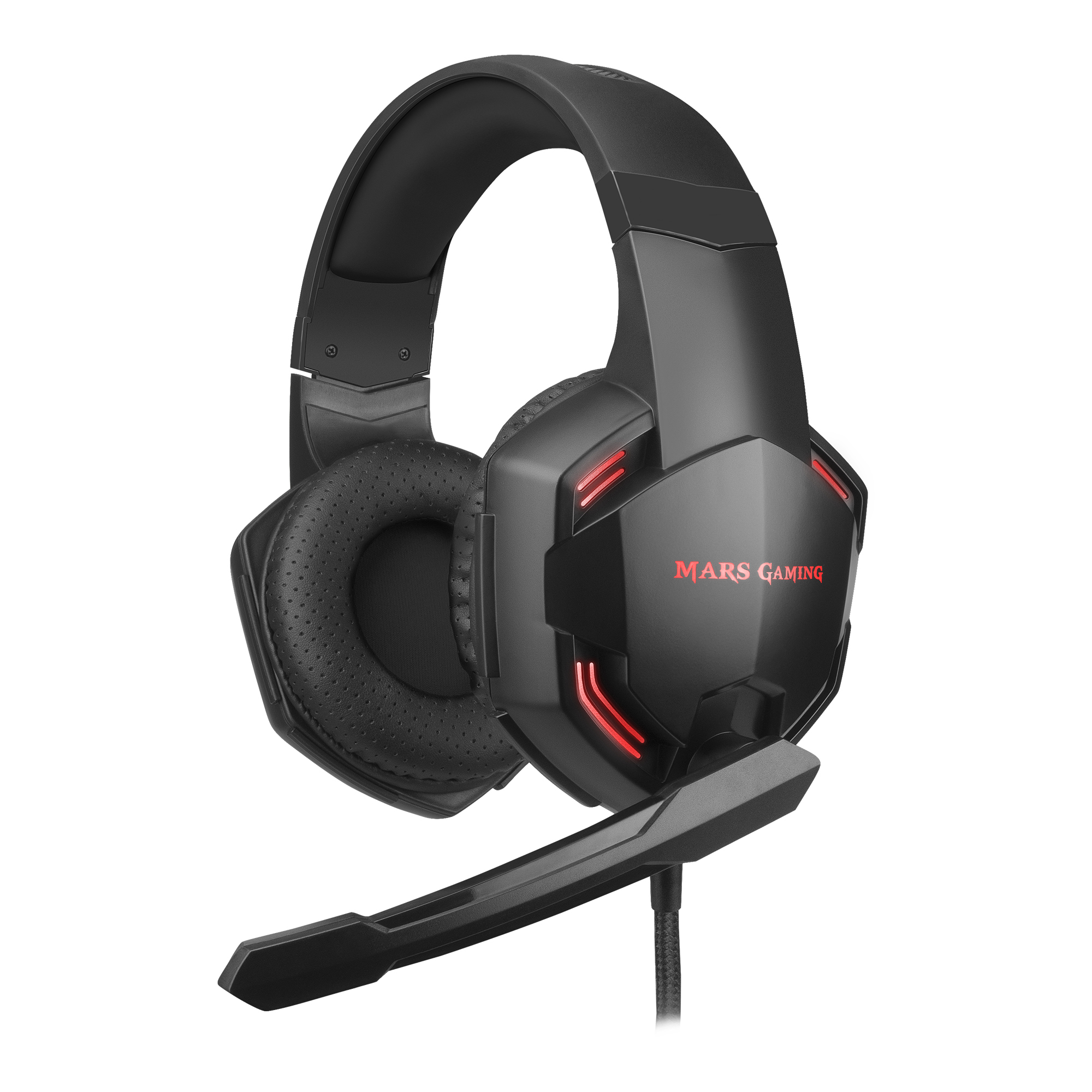 Cuffie da gioco nere con luci rosse e microfono. Il marchio è Mars Gaming.