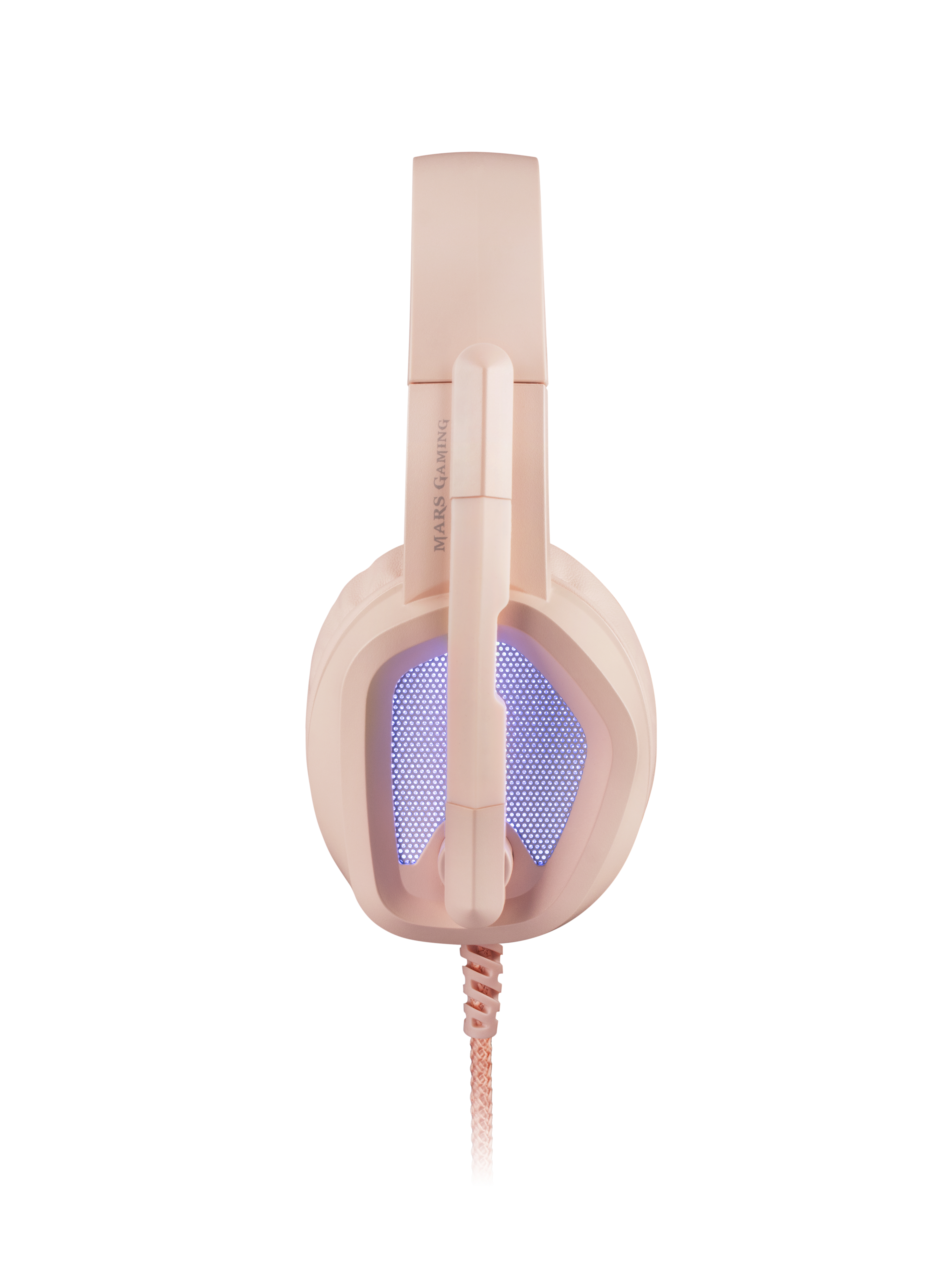Różowy zestaw słuchawkowy dla graczy z mikrofonem i kablem. Widoczne Mars Gaming.
