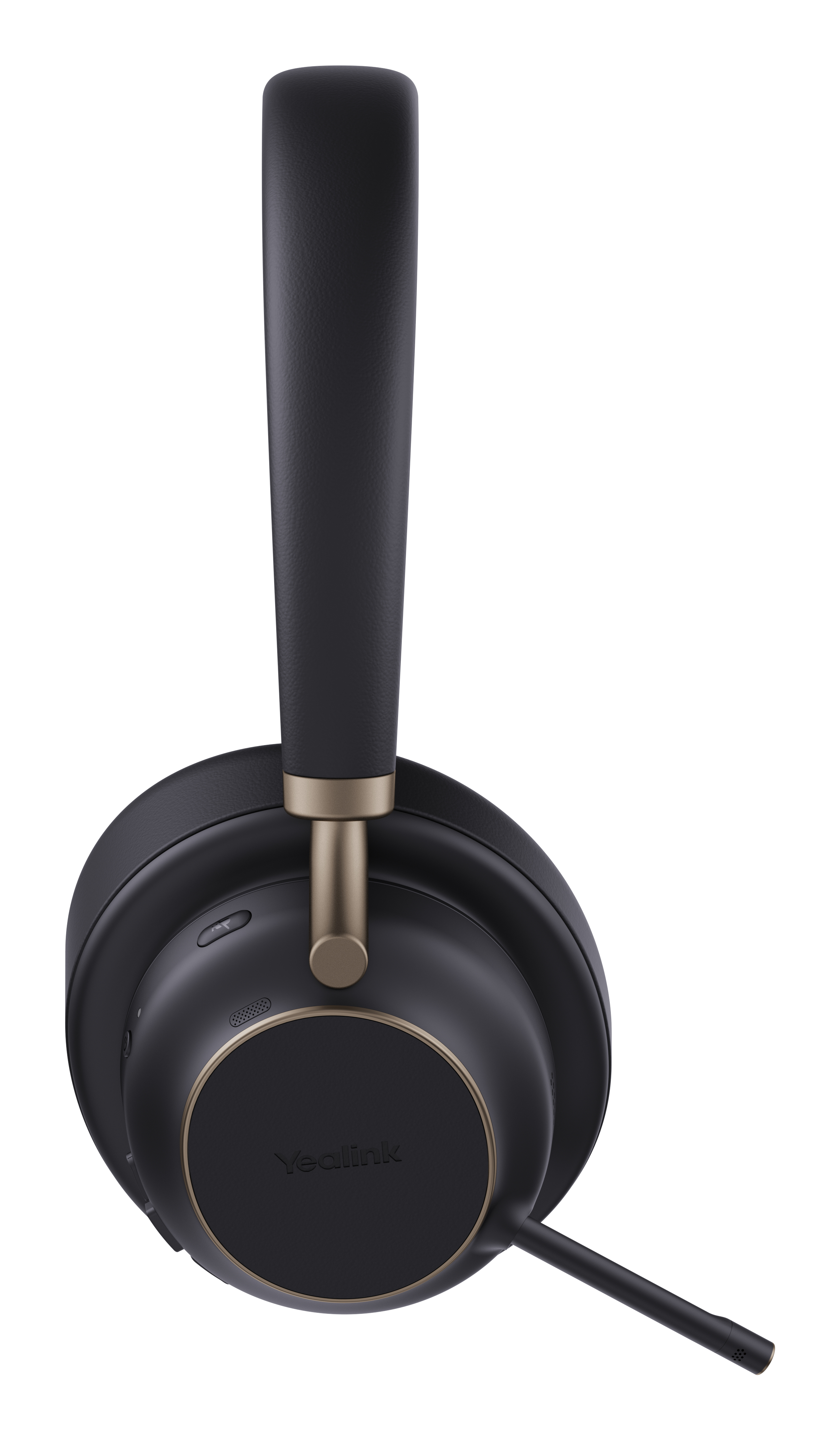 Black headset with a gold-colored microphone and details.