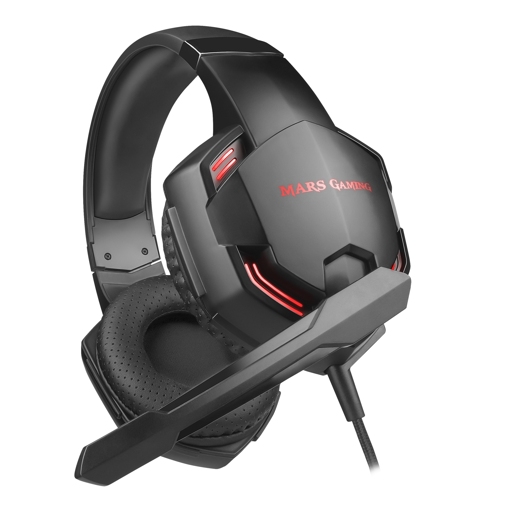 Cuffie da gioco nere con dettagli rossi e microfono, isolate.