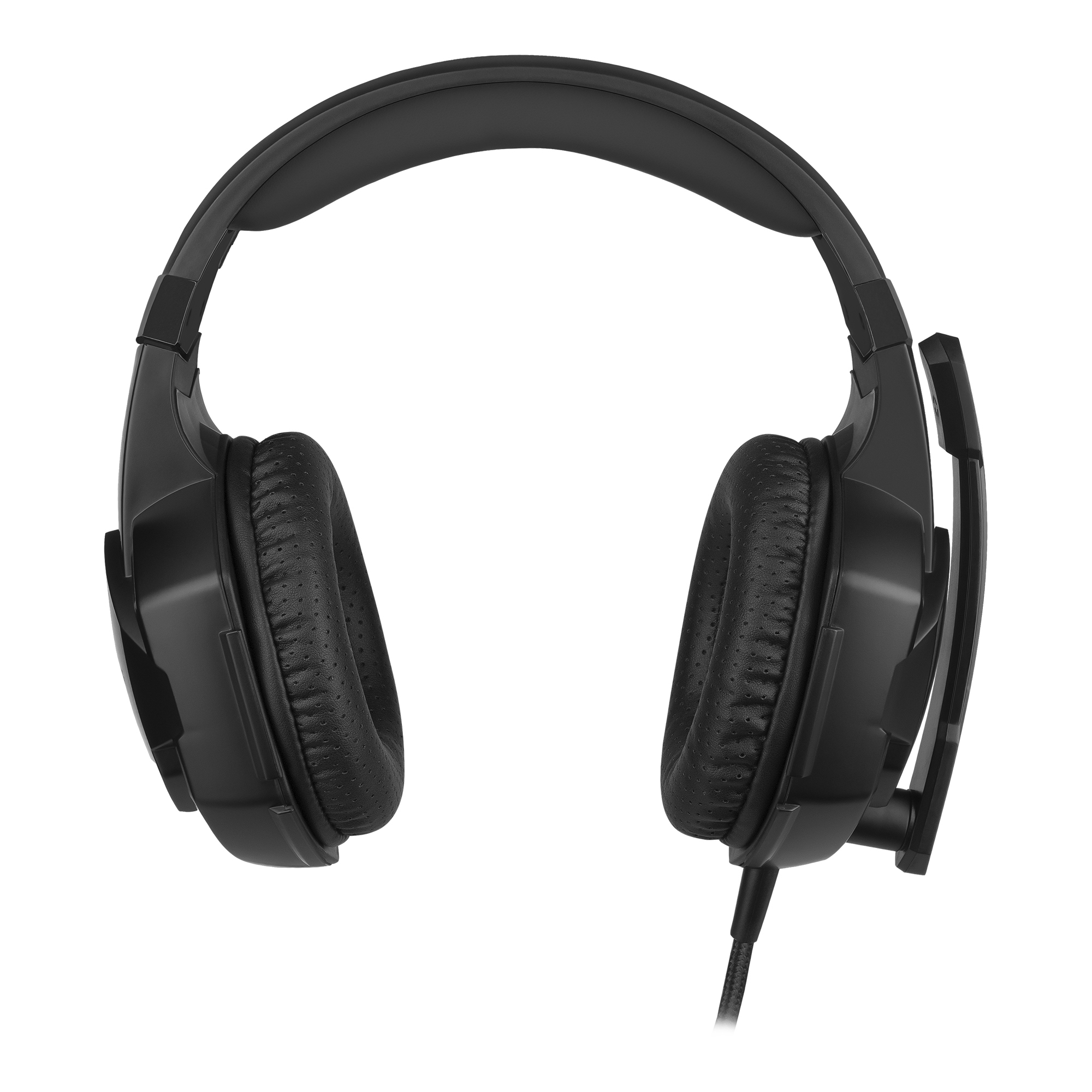 Cuffie nere con padiglioni auricolari e fascia, viste frontalmente.