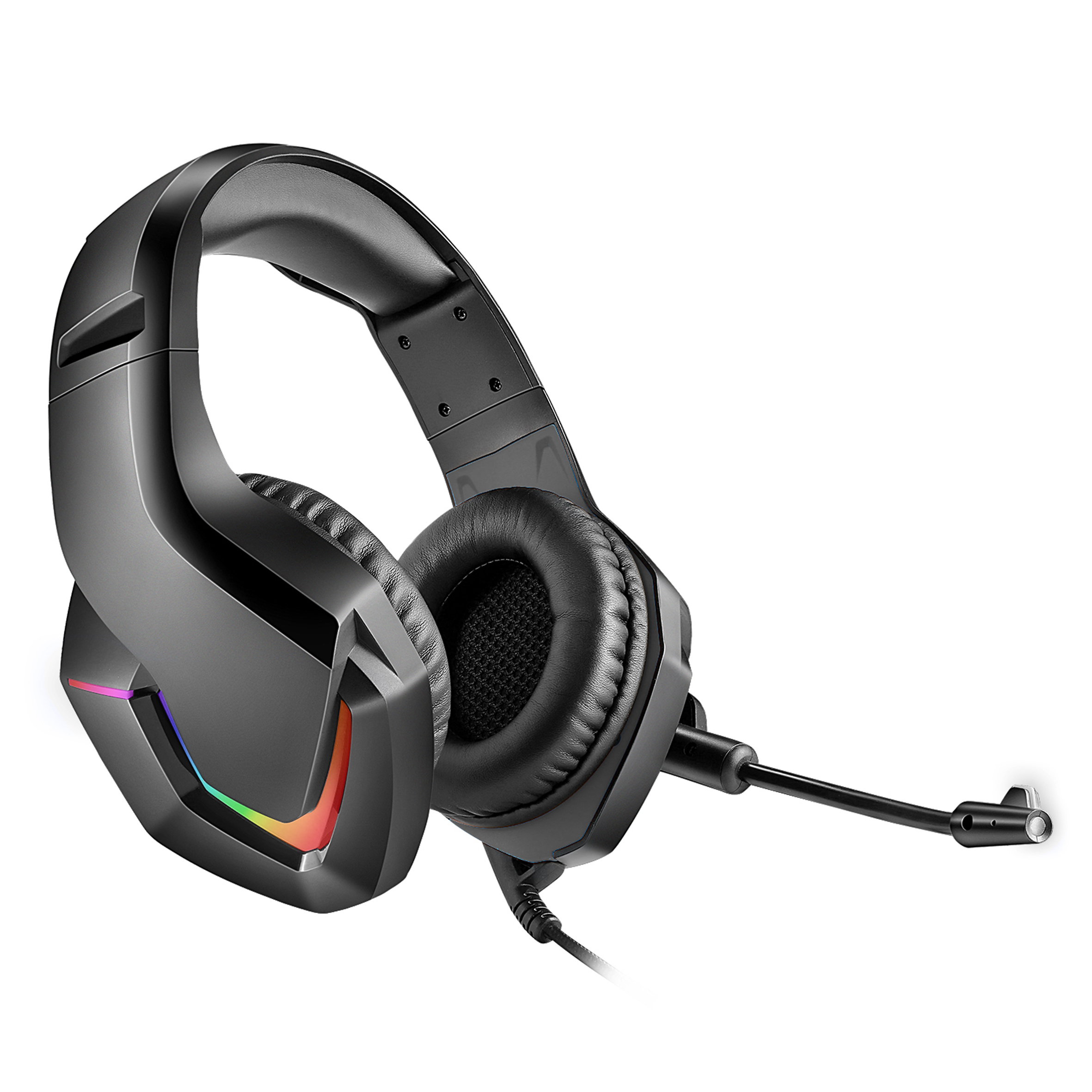 Ein schwarzes Gaming-Headset mit bunten Lichtern und Mikrofon.