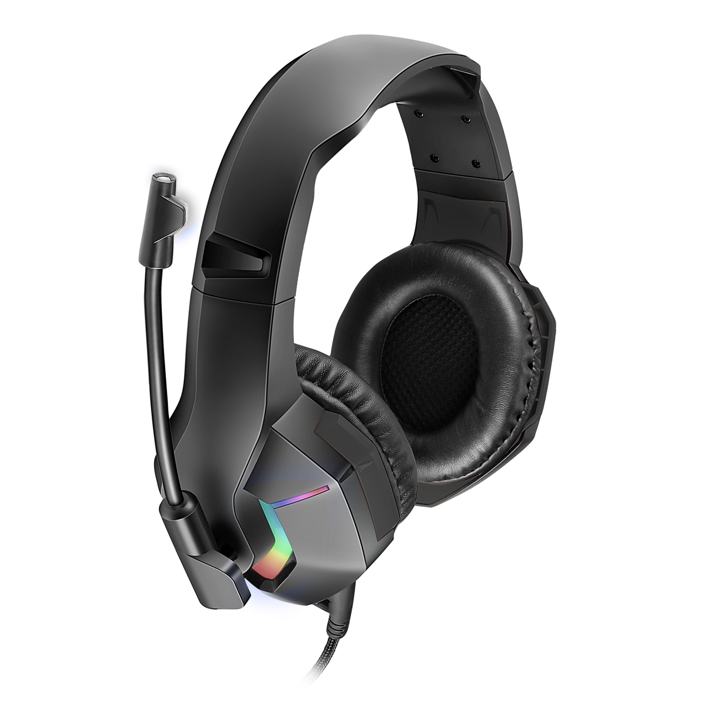 Schwarzes Gaming-Headset mit Mikrofon. Das Headset verfügt über RGB-Beleuchtung auf den Ohrmuscheln.