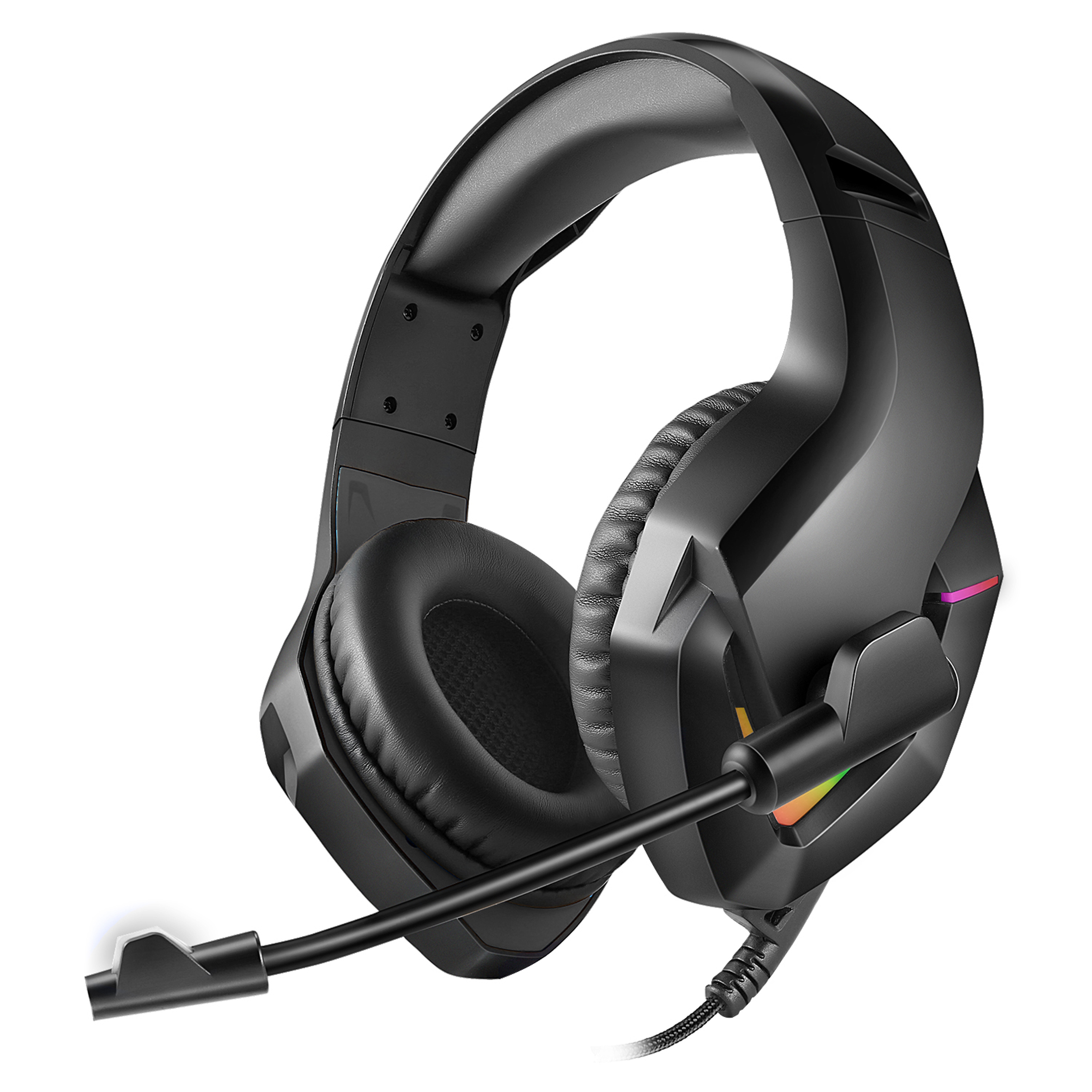 Schwarzes Gaming-Headset mit Mikrofon, schräge Ansicht, weißer Hintergrund.