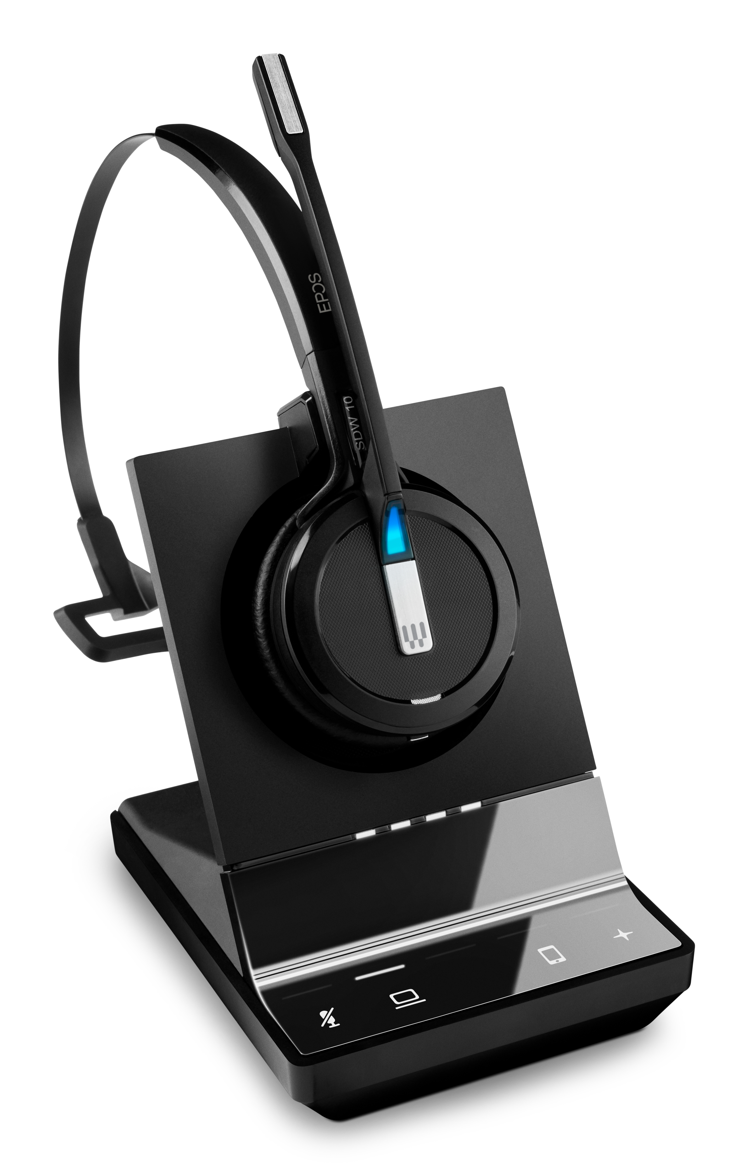 Ein schwarzes Headset auf einem schwarzen Ständer mit Mikrofon und Bedientasten.
