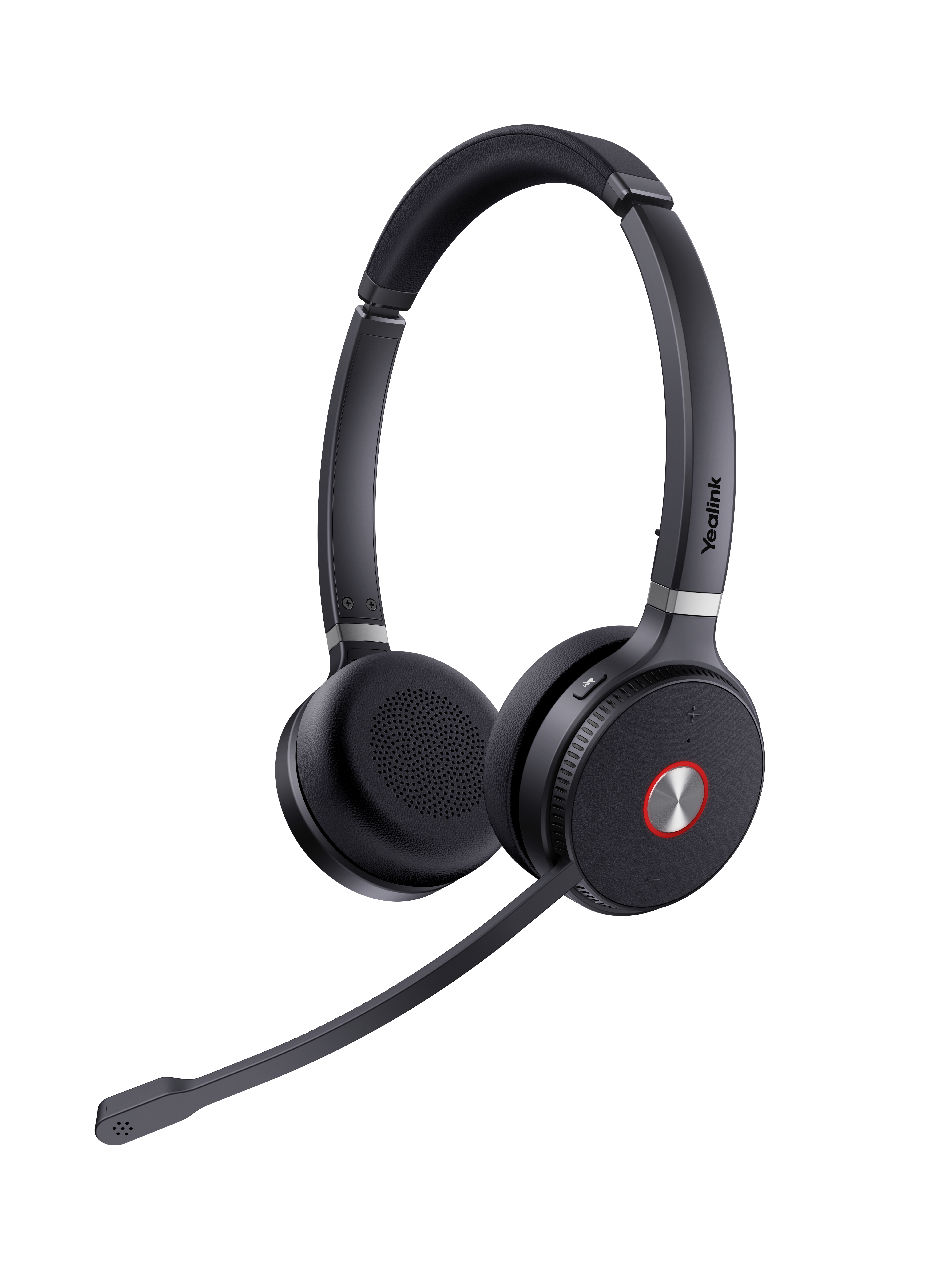 Casque sans fil avec microphone. Casque noir avec bouton rouge et marque Yealink.