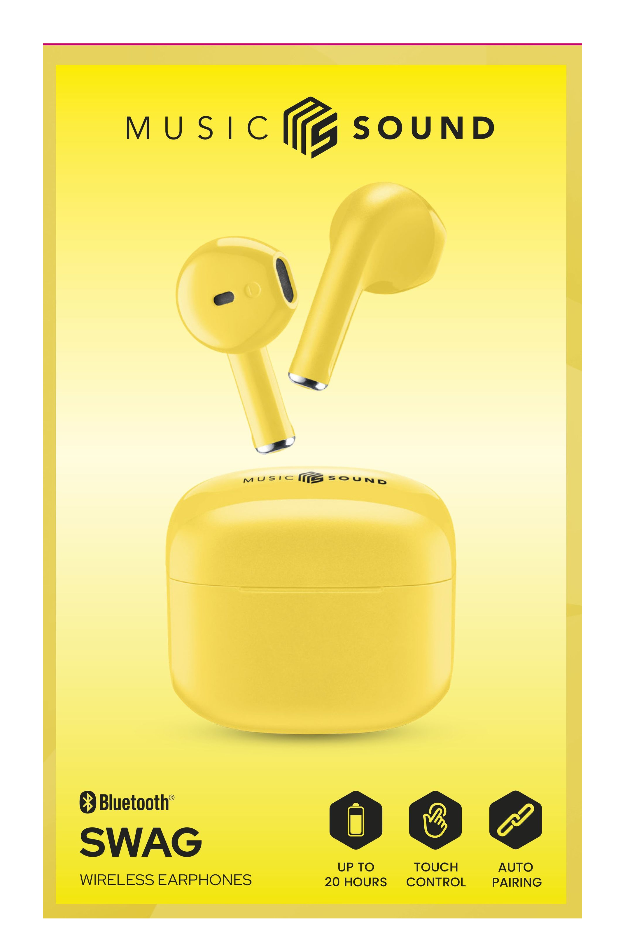 Auriculares inalámbricos amarillos con estuche de carga. La caja dice 'Music Sound' y 'SWAG'.