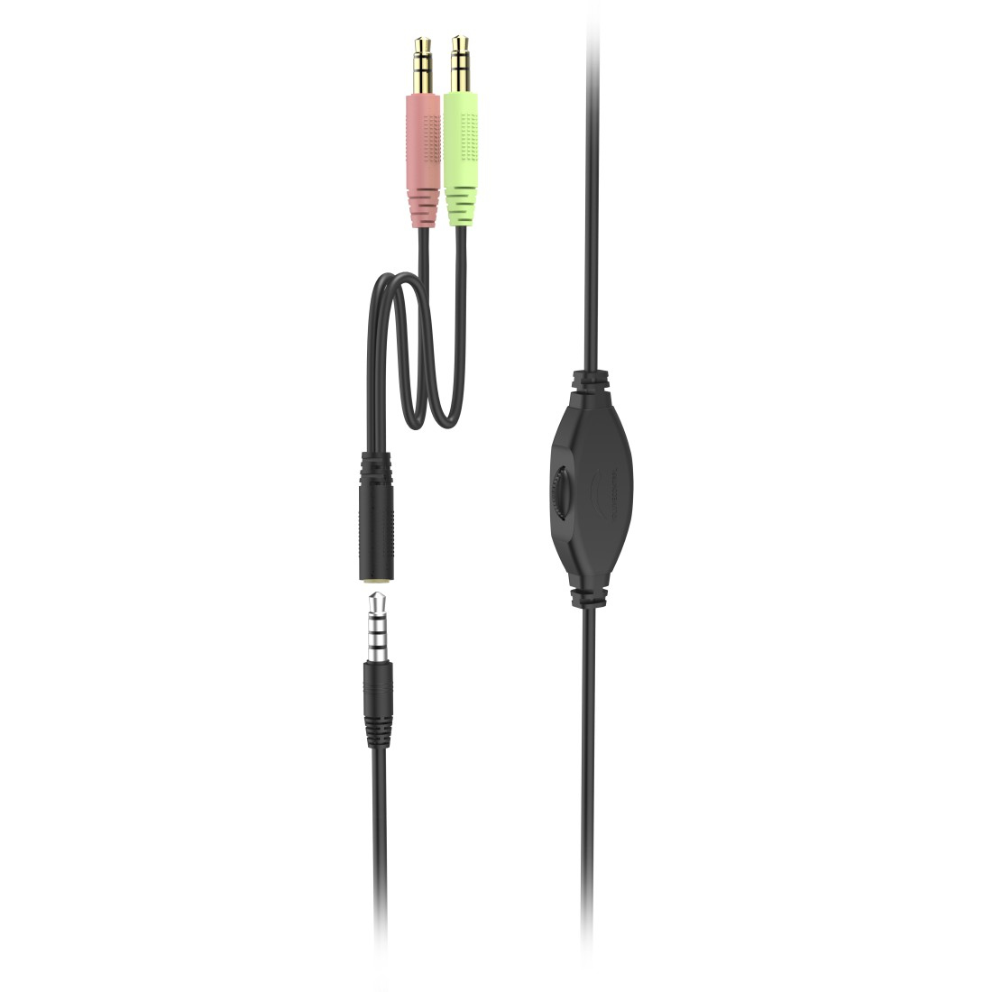 Un cavo nero con due jack audio verdi e rosa, un controllo del volume e un jack singolo.