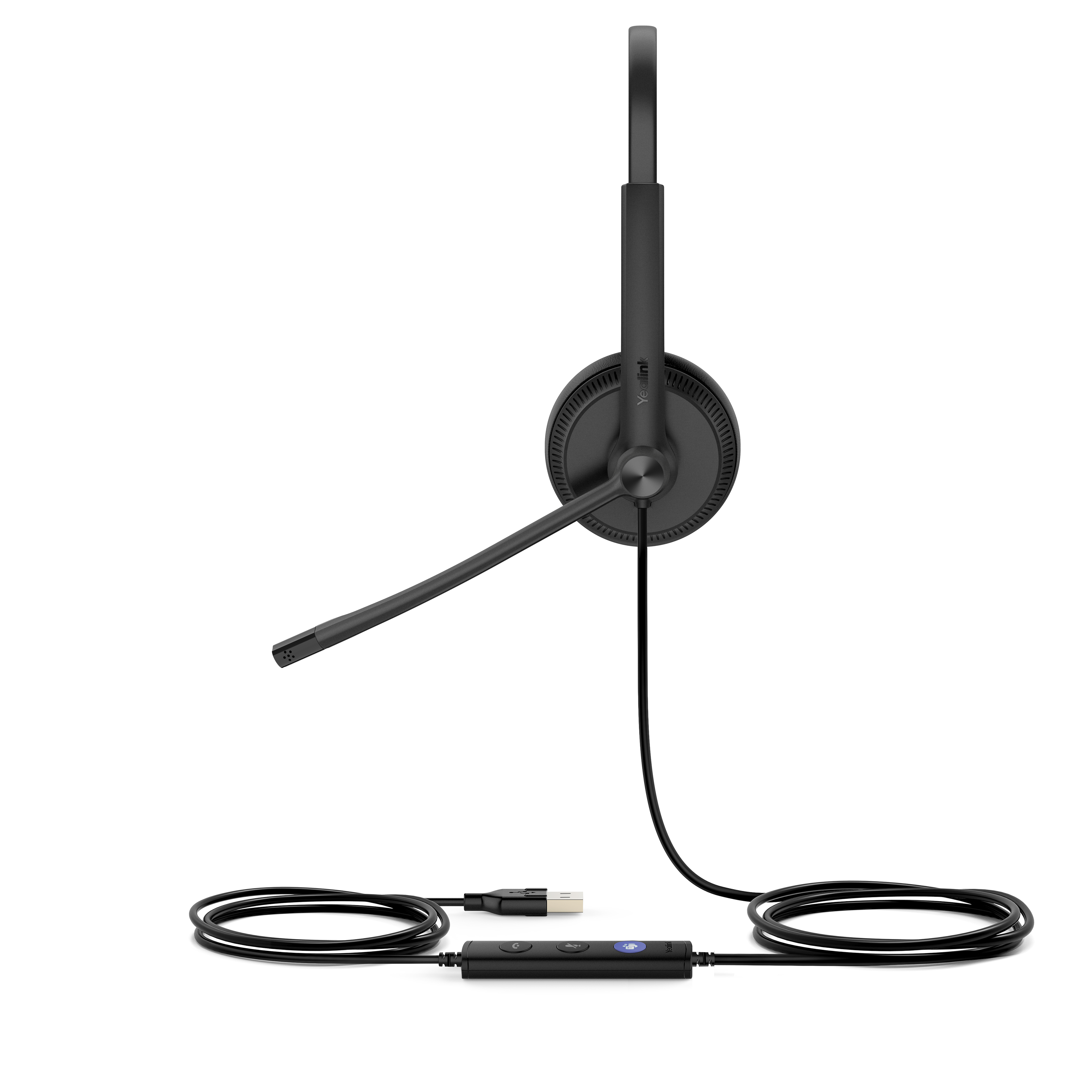Un auricular negro con un cable USB y un control en línea. El auricular está sobre un fondo blanco.