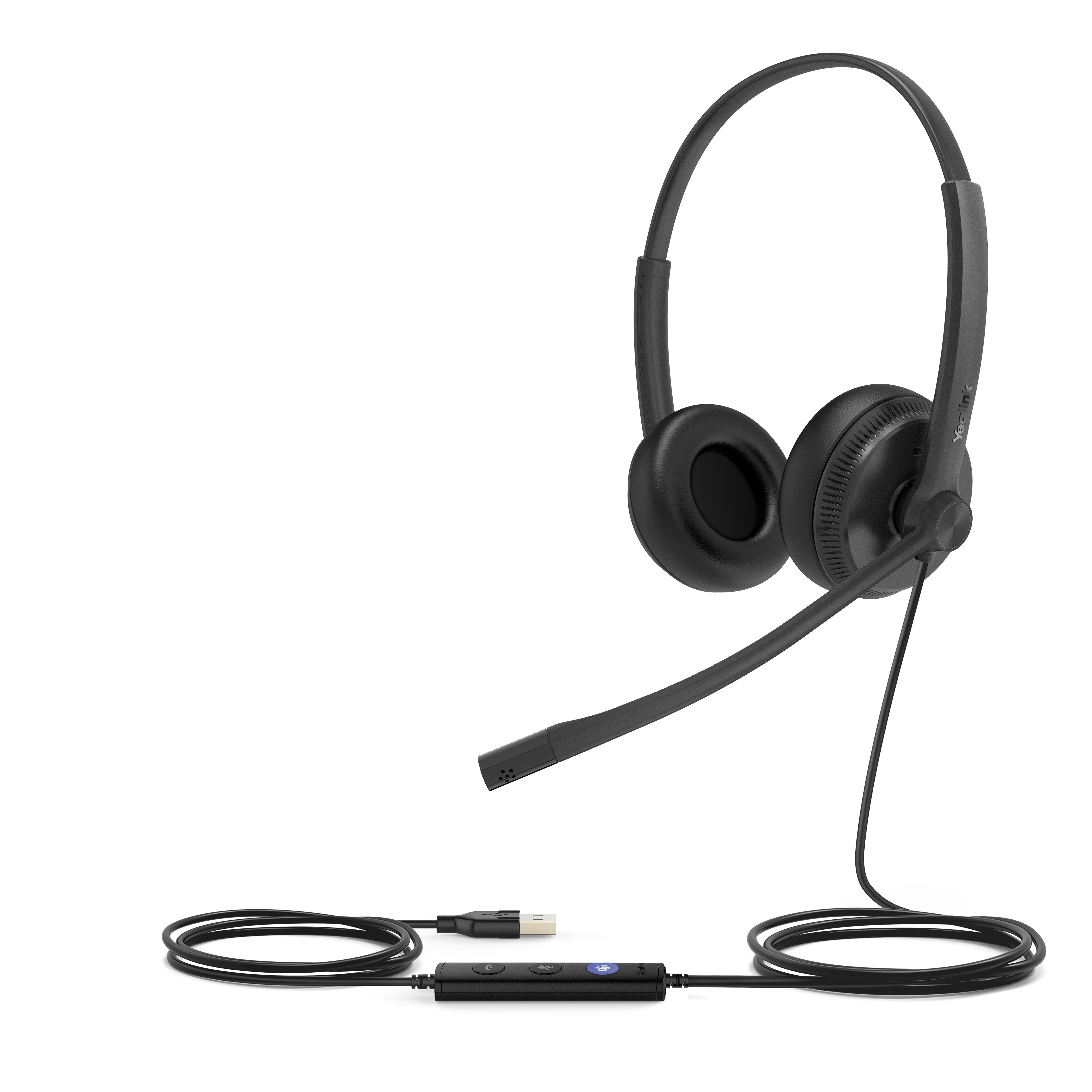 Auriculares negros con micrófono lateral. Los auriculares están sobre una superficie blanca.