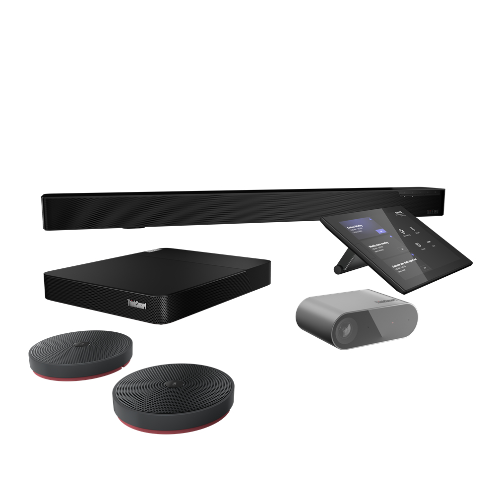 Un set di attrezzature per riunioni in ufficio. Altoparlanti, un tablet, una barra video e una fotocamera.