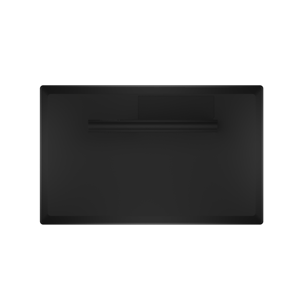 Un tablet nero, ripreso dall'alto. Ha una superficie liscia con una piccola area rialzata.