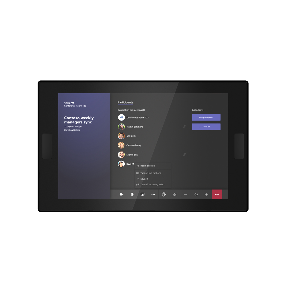 Schermo tablet nero che mostra l'interfaccia di videochiamata, con partecipanti e controlli.
