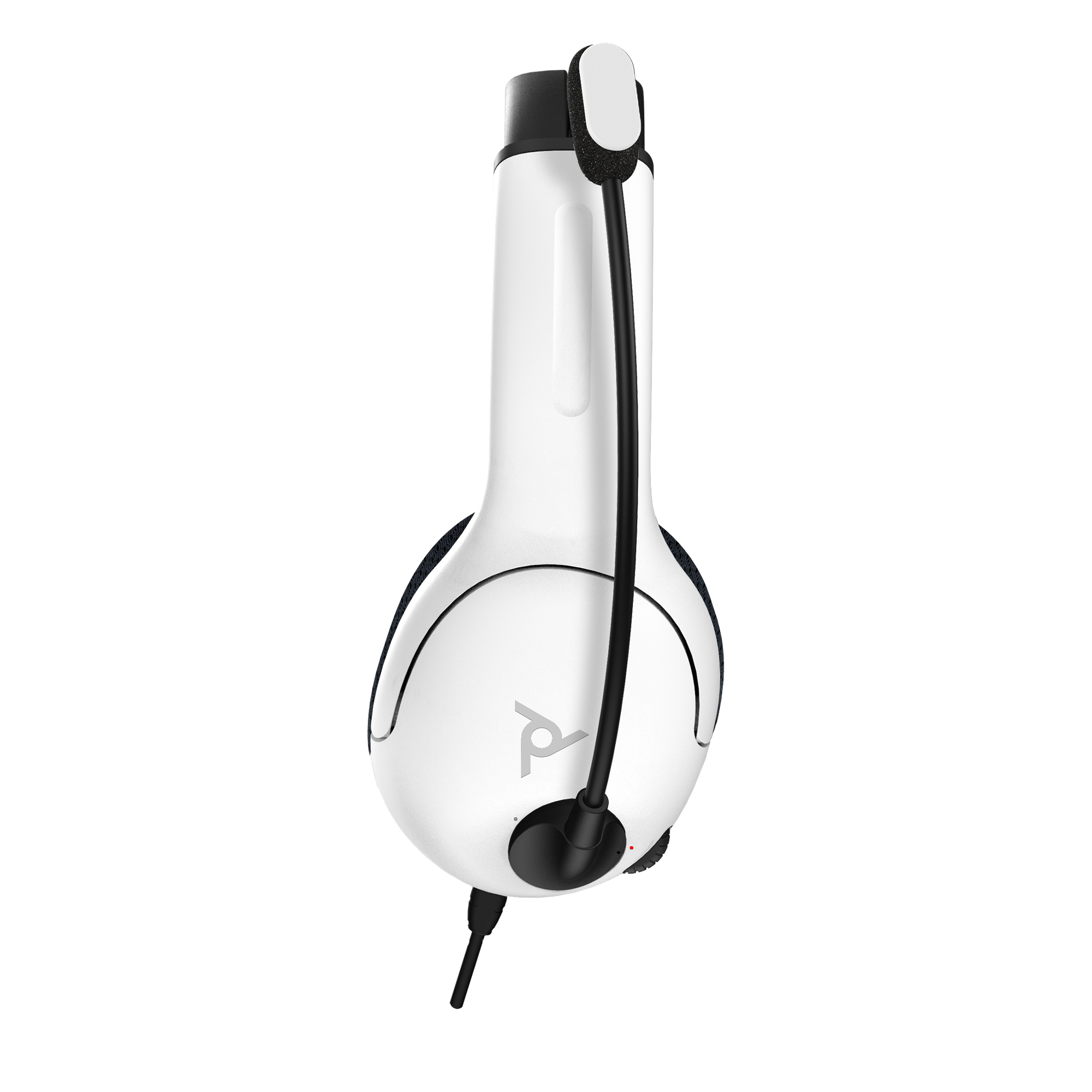 Weißes Headset mit schwarzem Mikrofon auf weißem Hintergrund. Das Mikrofon ist gebogen.