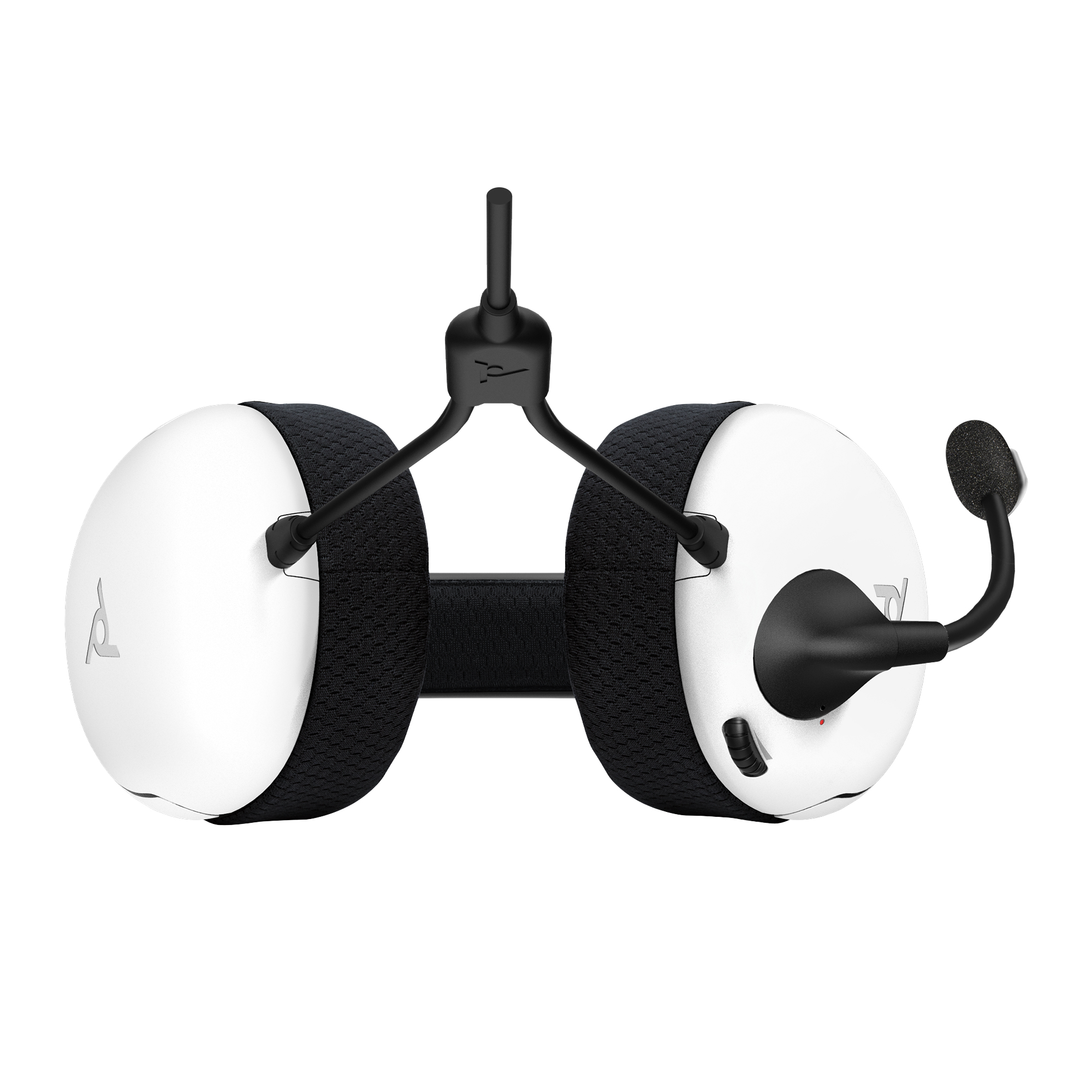 Biało-czarny zestaw słuchawkowy dla graczy z mikrofonem, widok z góry.