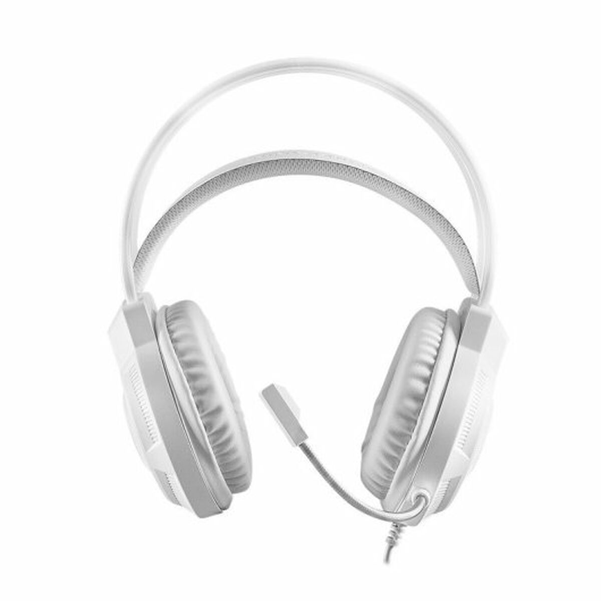 Biały zestaw słuchawkowy dla graczy z mikrofonem. Zestaw słuchawkowy jest widoczny z góry z mikrofonem w zasięgu wzroku.