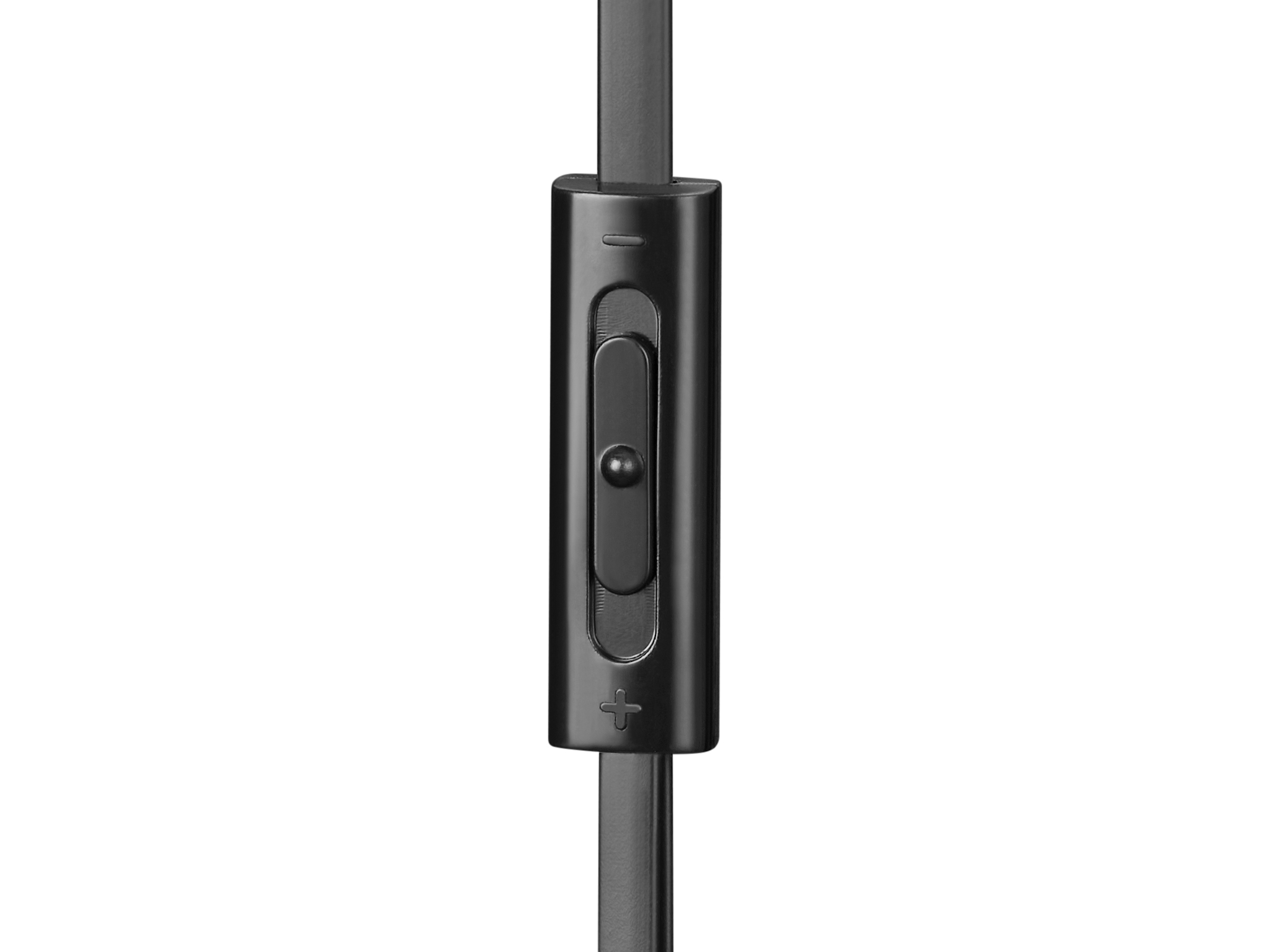 Primer plano de control de auriculares con más, menos y botón.
