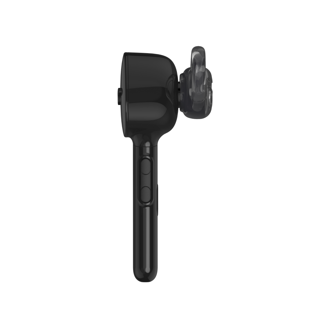 Un auricolare wireless nero con un auricolare trasparente, vista laterale.