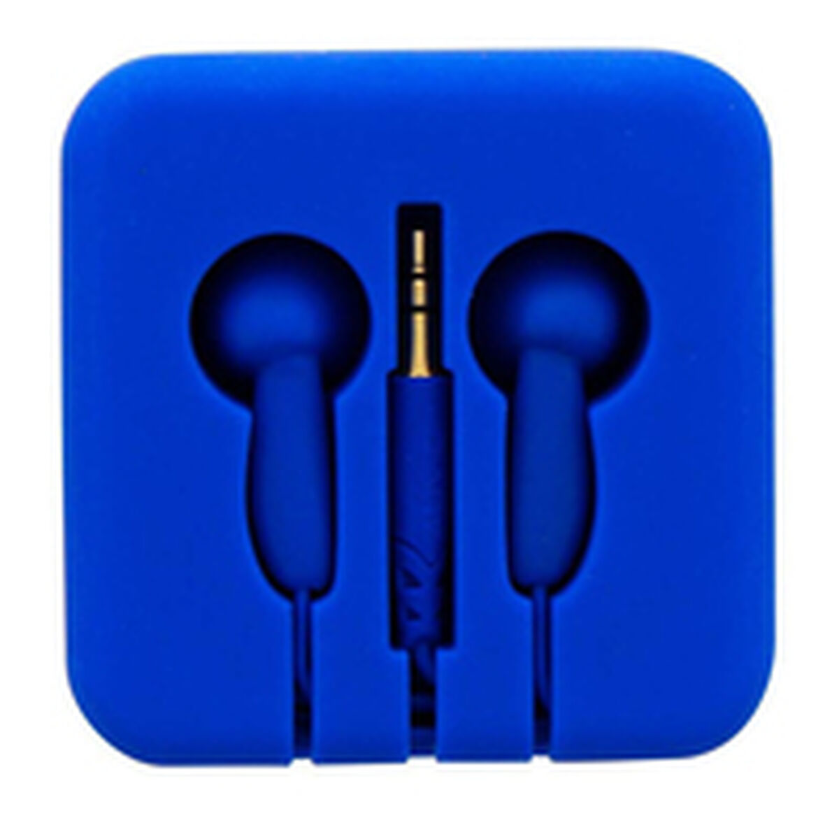 Auricolari blu con custodia blu e jack color oro.