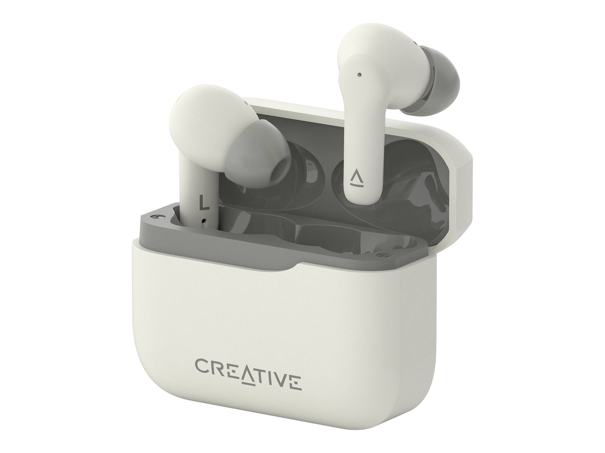 Auricolari bianchi in una custodia di ricarica bianca e grigia. Gli auricolari hanno il logo Creative.