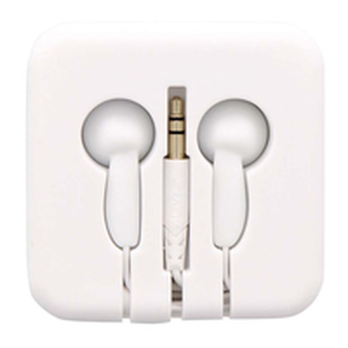 Auricolari bianchi all'interno di una custodia bianca. La custodia è quadrata con un jack da 3,5 mm.
