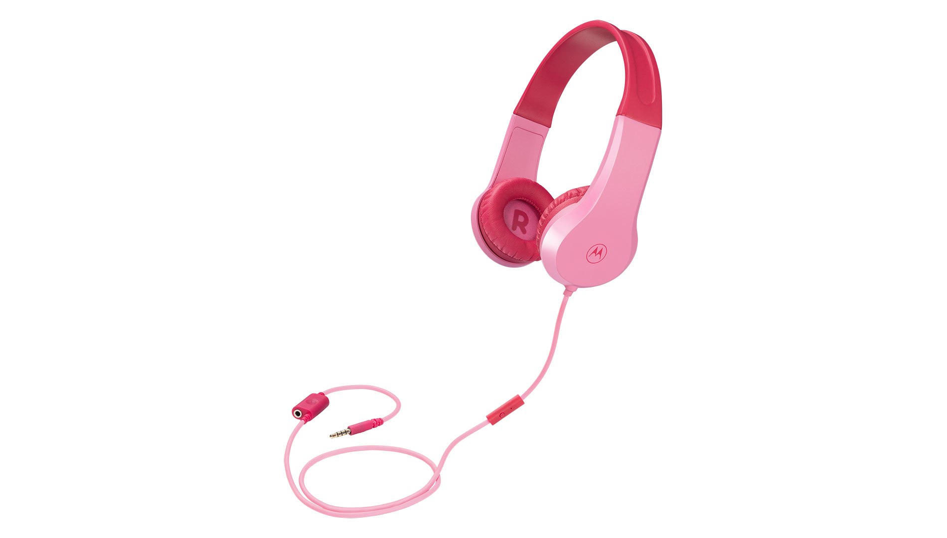 Pinke Motorola-Kopfhörer mit pinkem Kabel und rotem Stecker.