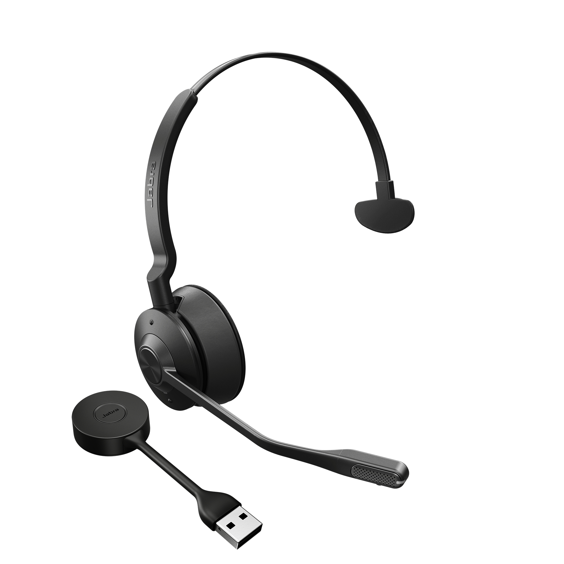 Casque Jabra noir avec microphone. Un dongle USB est à côté.