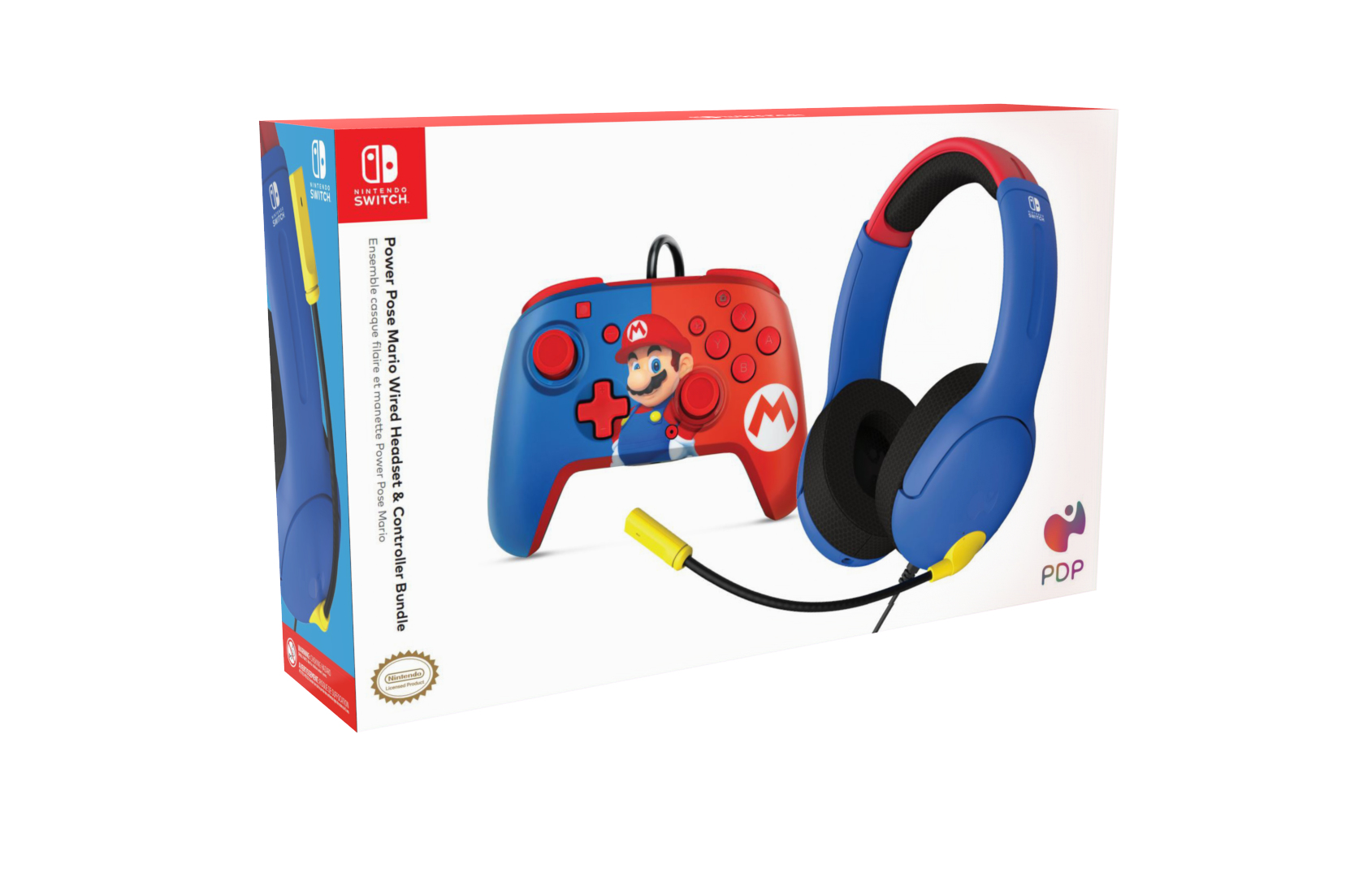 Scatola con controller a tema Mario, cuffie rosse e blu.