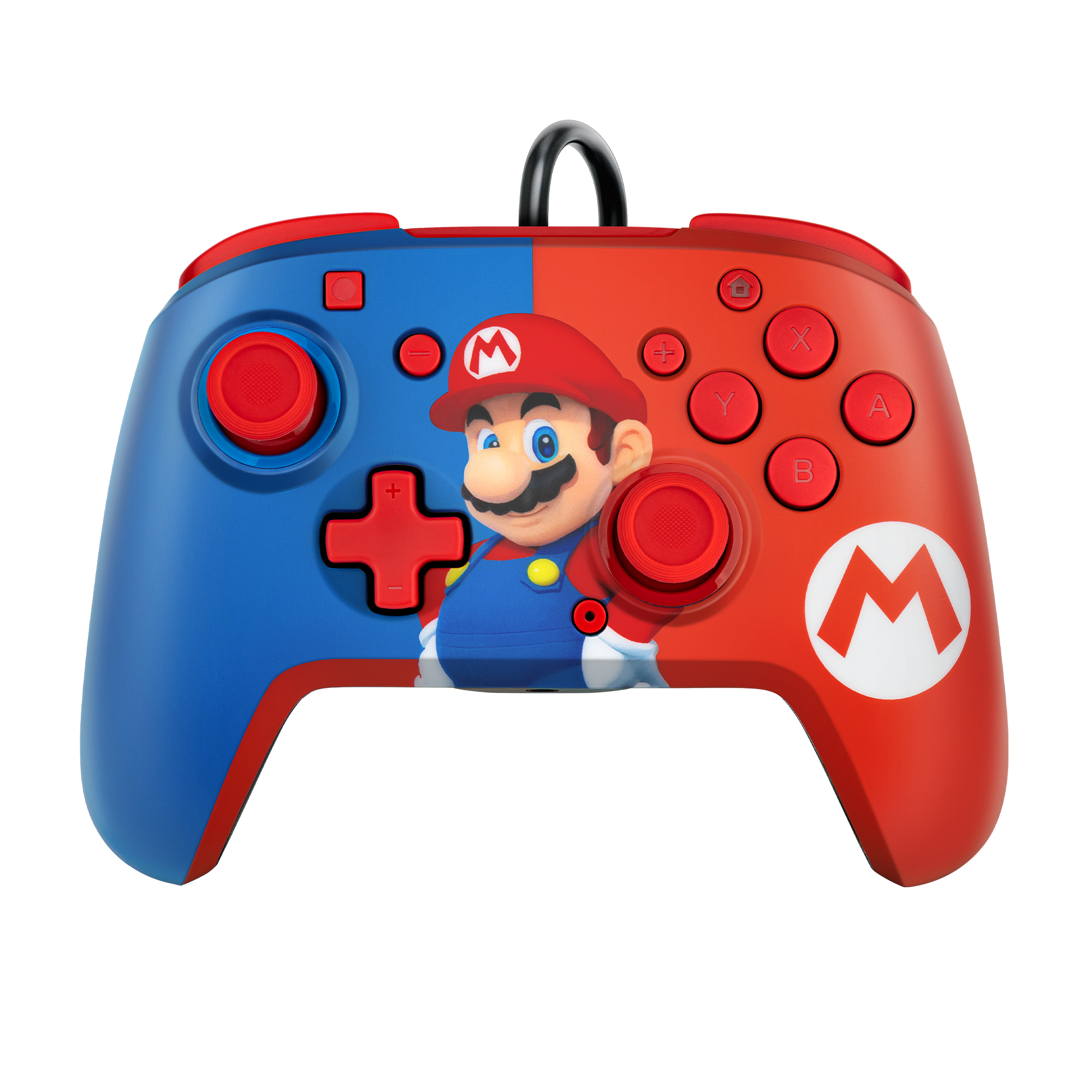 Controller a tema Mario: colori blu e rosso, Mario davanti, pulsanti e stick, cavo nero.