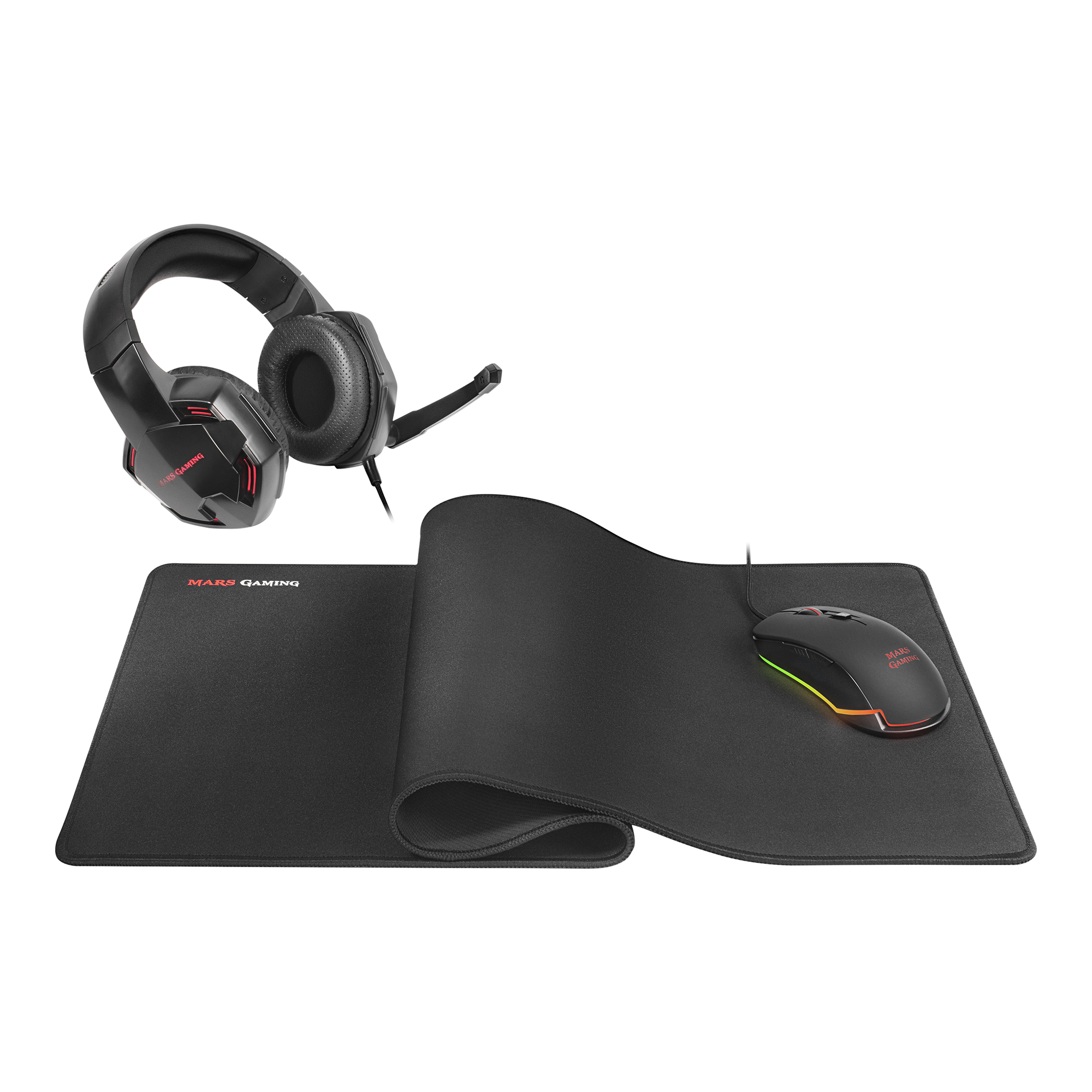 Cuffie e mouse da gaming su un tappetino nero. Il mouse ha luci arcobaleno.