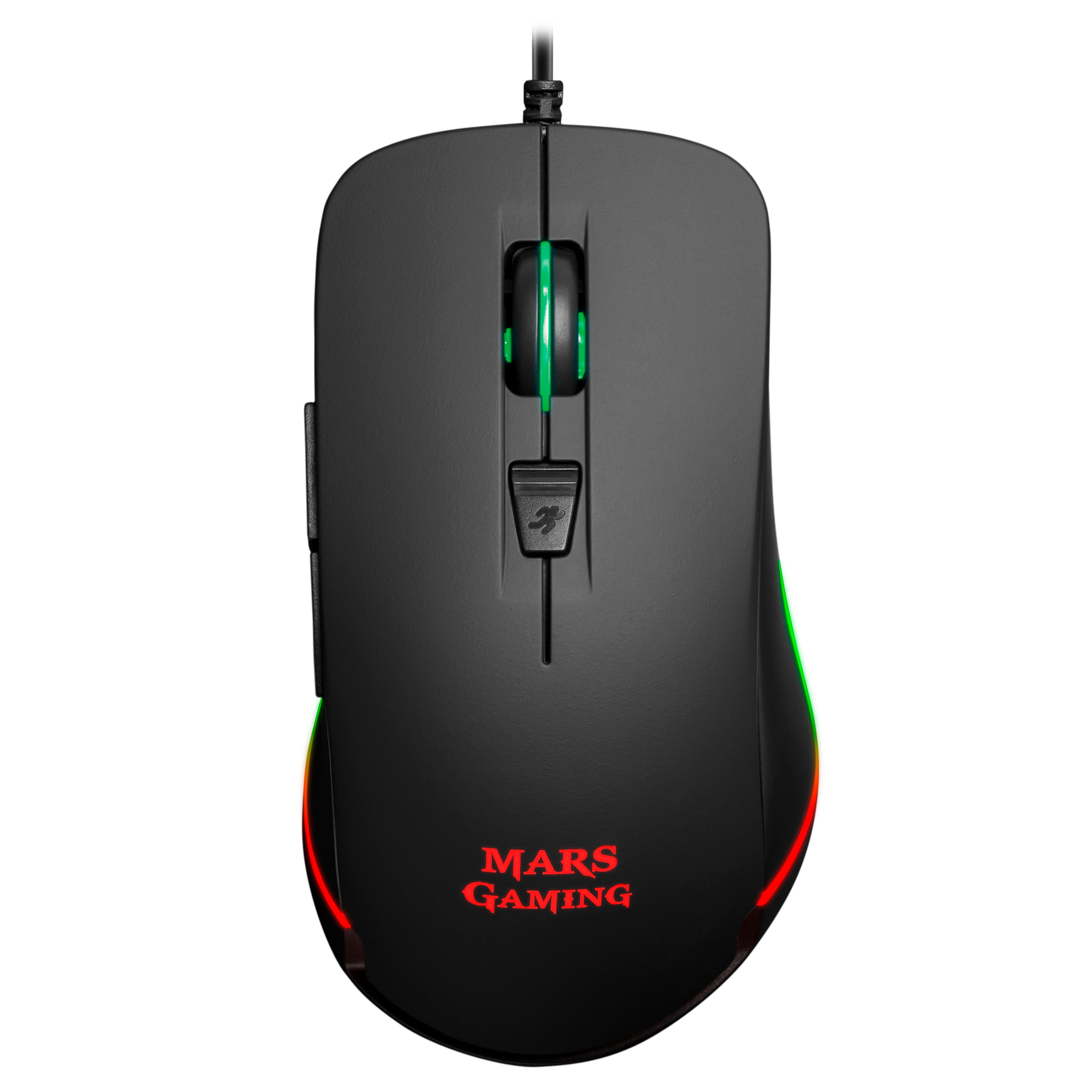 Mouse Mars Gaming nero con accenti LED rossi e verdi, una rotella e pulsanti, su sfondo bianco.