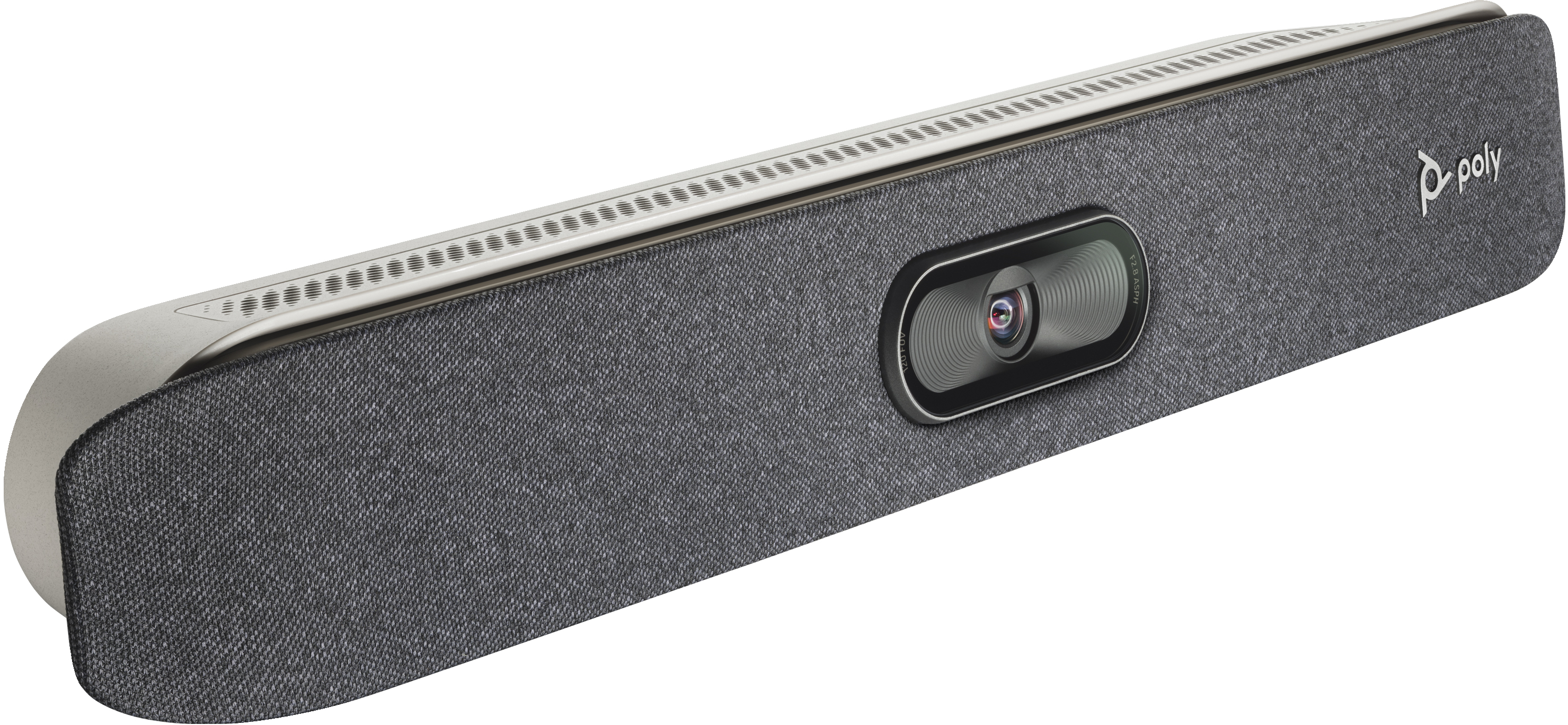 Dispositivo per videoconferenze nero e grigio con fotocamera e logo Poly.
