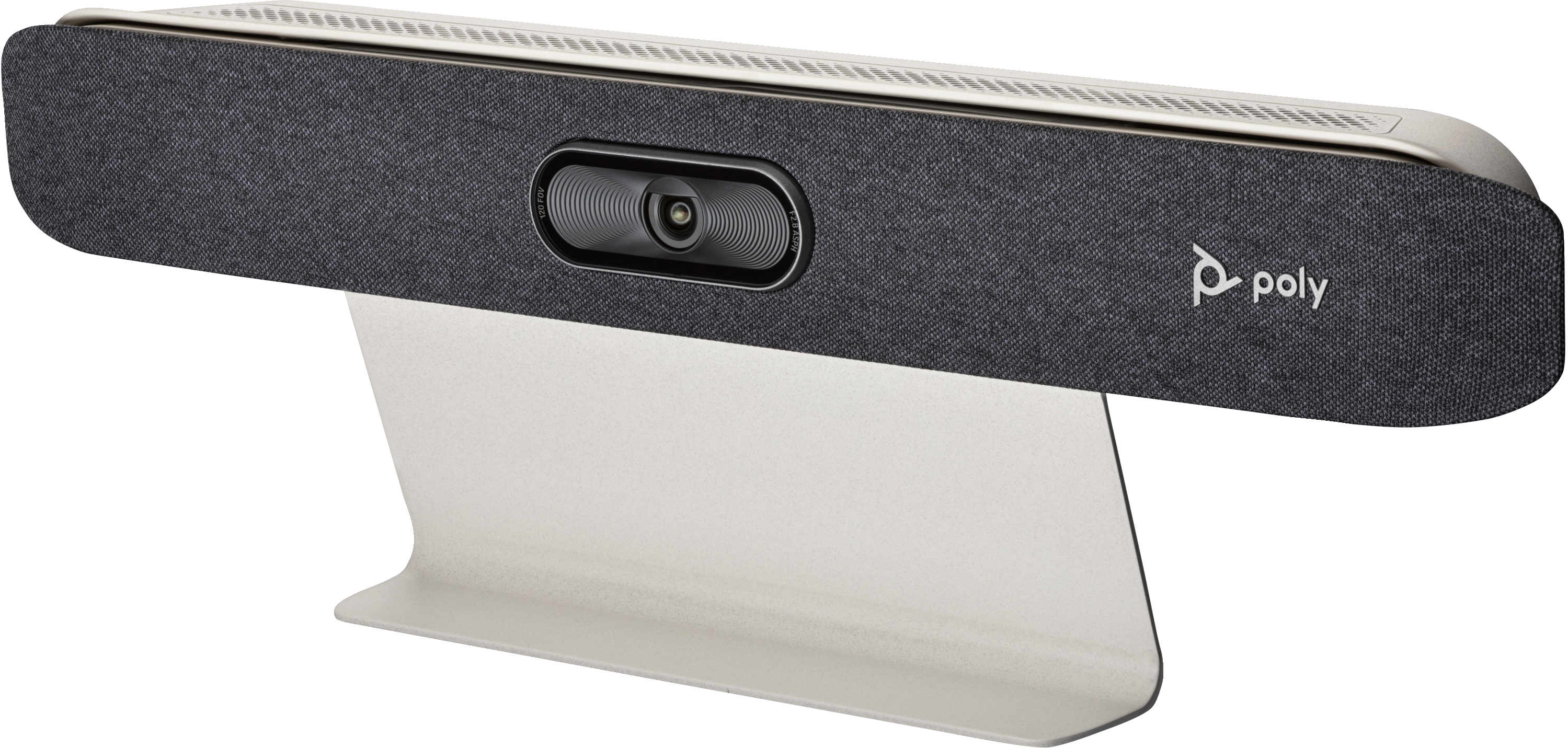 Una barra per videoconferenze nera e grigia con fotocamera e logo 'poly', montata su un supporto bianco.