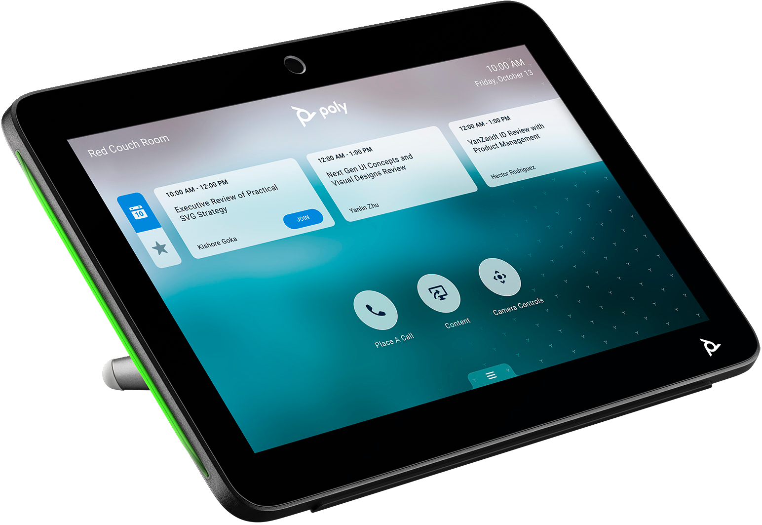 Schwarzes und grünes Tablet, das eine Meeting-Oberfläche anzeigt, mit Kalender und Anrufsteuerung, auf weißer Fläche.